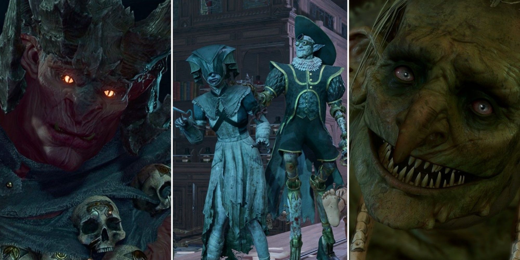 Baldur's Gate 3 - Hardest Boss fights collage - Yurgir on left, Malus Thorm in center, Auntie Ethel on right