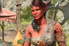 Baldur's Gate 3 Karlach at camp holding an axe