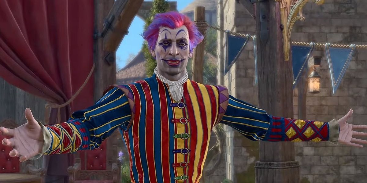 conversation cinematic with a clown in baldur's gate 3