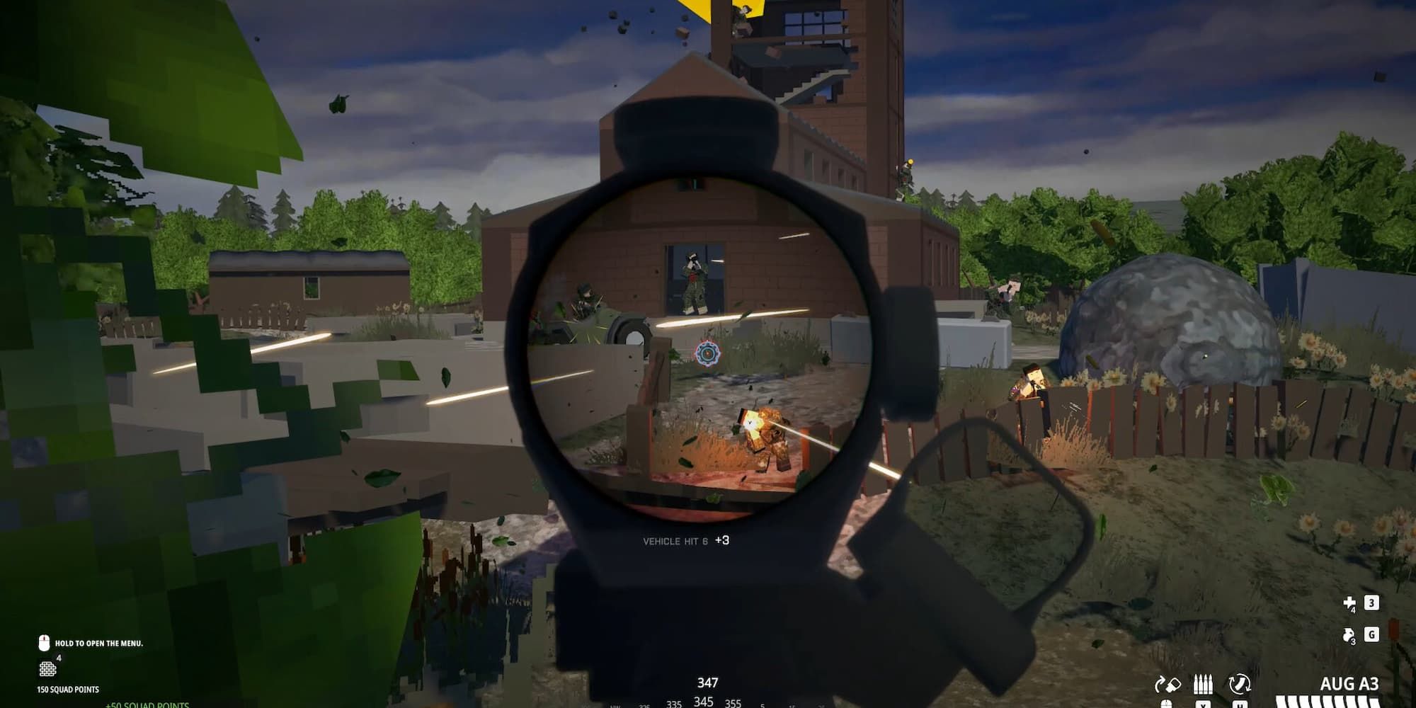 A player aims down the sight of his weapon against several enemies in the Frontline mode of BattleBit Remastered.