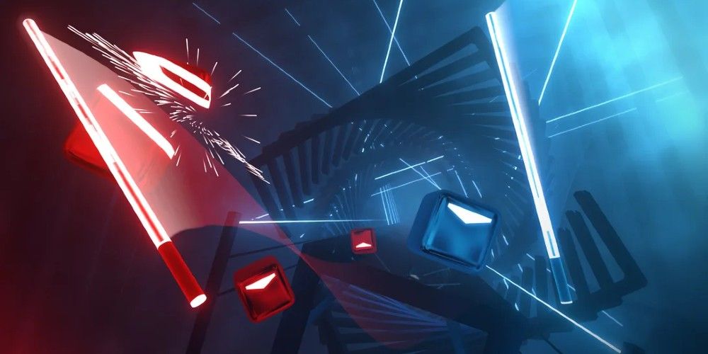 Beat Saber promotional image of red and blue sabers slicing through blocks