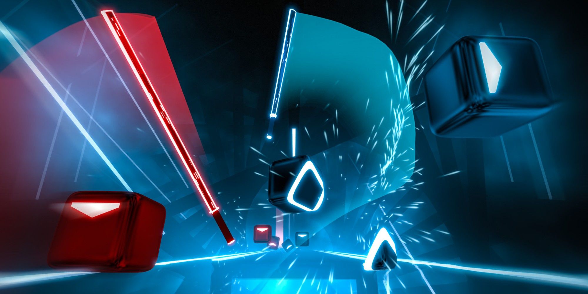 first person view of a Beat Saber player slashing through oncoming blocks