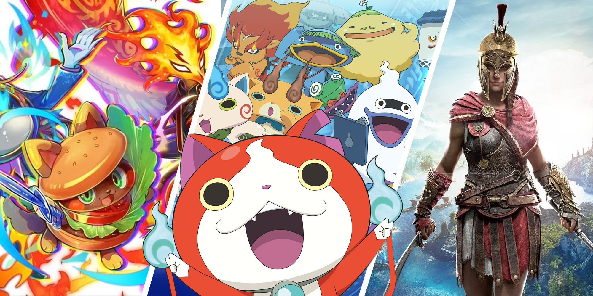 Best Japan Exclusive Switch Games - Split Image Of Tabe-O-Ja, Yokai Watch 1, And Assassin's Creed Odyssey
