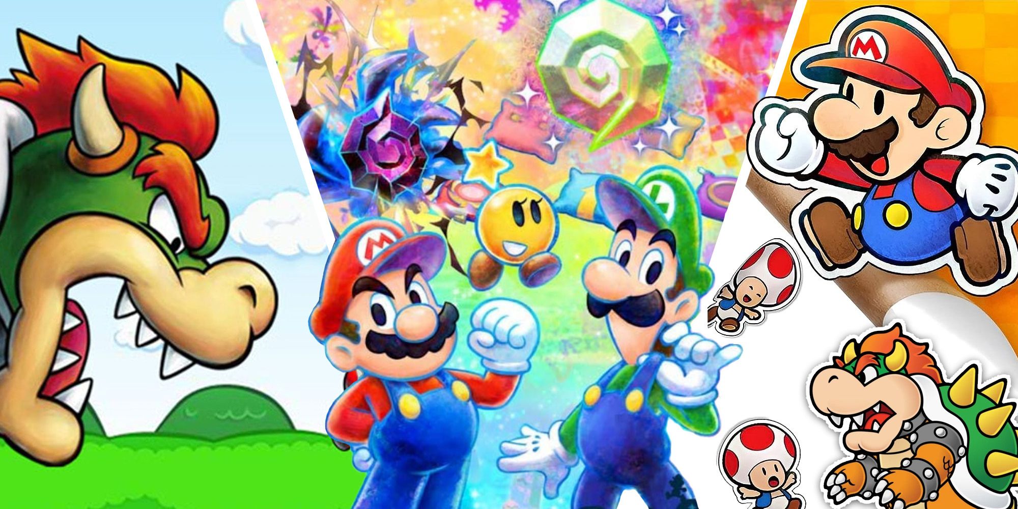 Beste Mario- und Luigi-Spiele – geteiltes Bild von Bowser, Mario, Luigi, Starlow, Paper Mario, Paper Toad und Paper Bowser