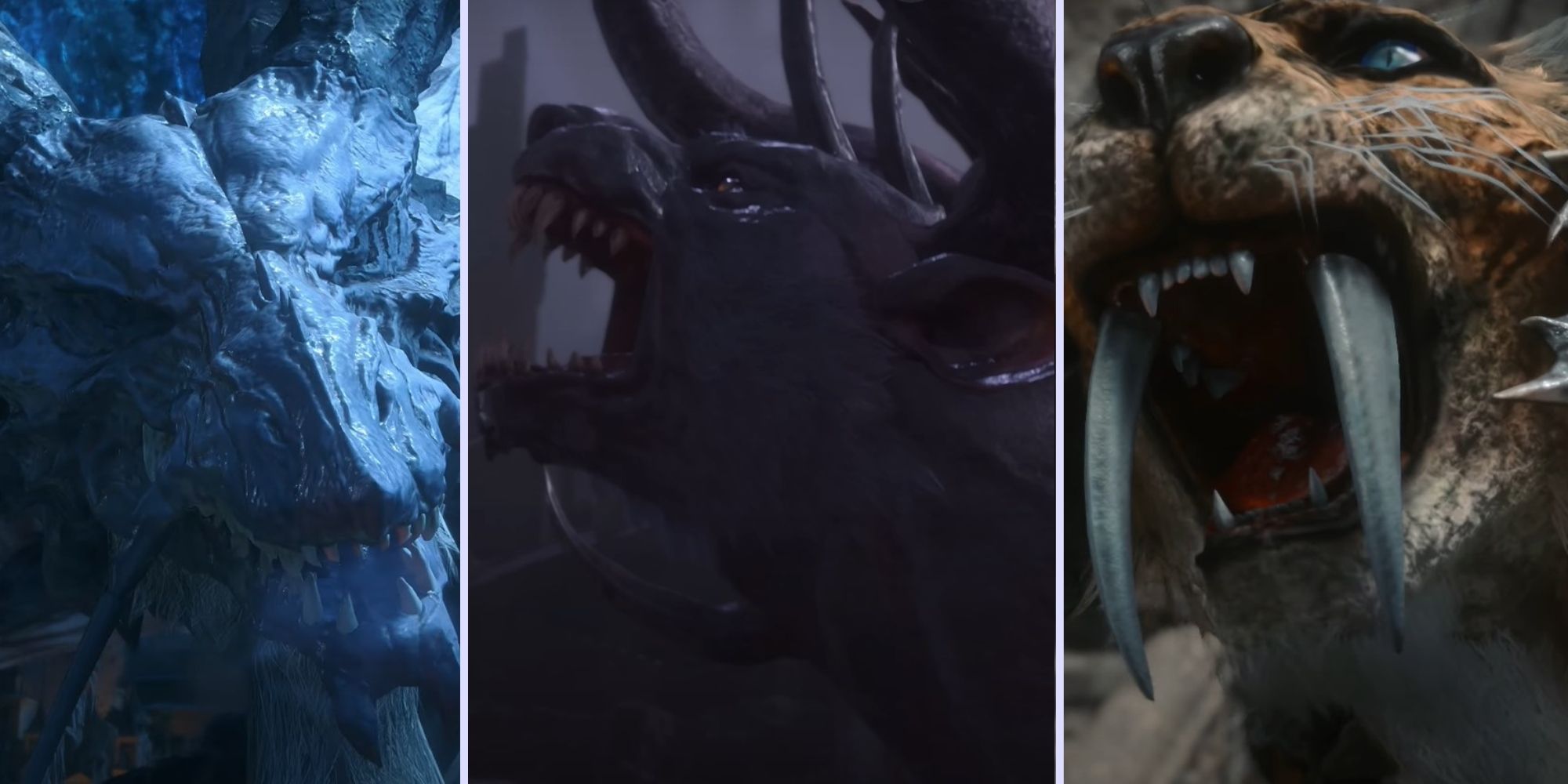 Collage image of a dragon, a behemoth, and a coeurl in Final Fantasy 16.