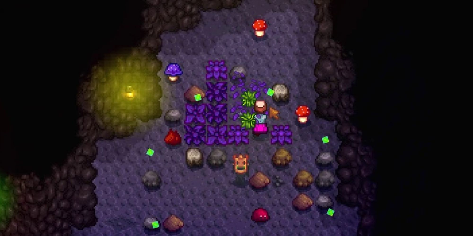 Player in the caves in Stardew Valley surrounded by mushrooms and rocks