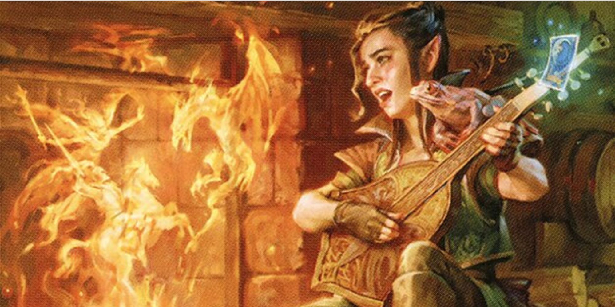 An elf bard plays her lute in front of a fire, which is taking the form of a knight fighting a dragon.