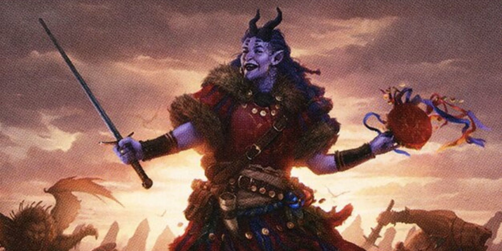 A tiefling with purple skin on a battlefield. She has a sword in her left hand and a tambourine in her right.