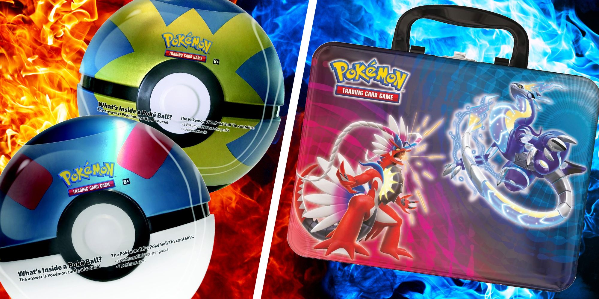 Three Pokemon TCG tins are pictured, two are Poke Balls, one is a lunchbox with Koridon and Miraidon on the front.