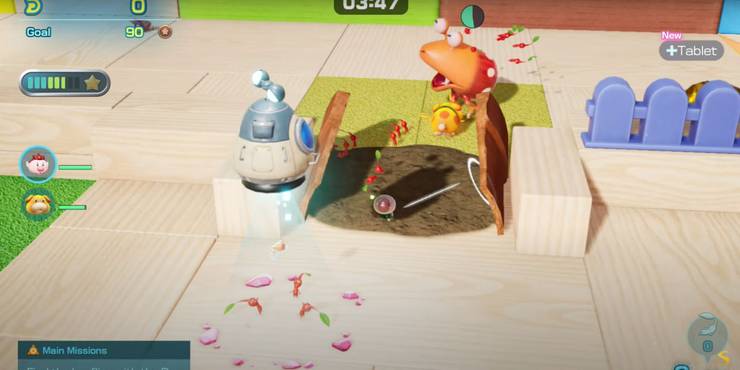 Oatchi chomps on a large bulborb in a wooden, toy block level.