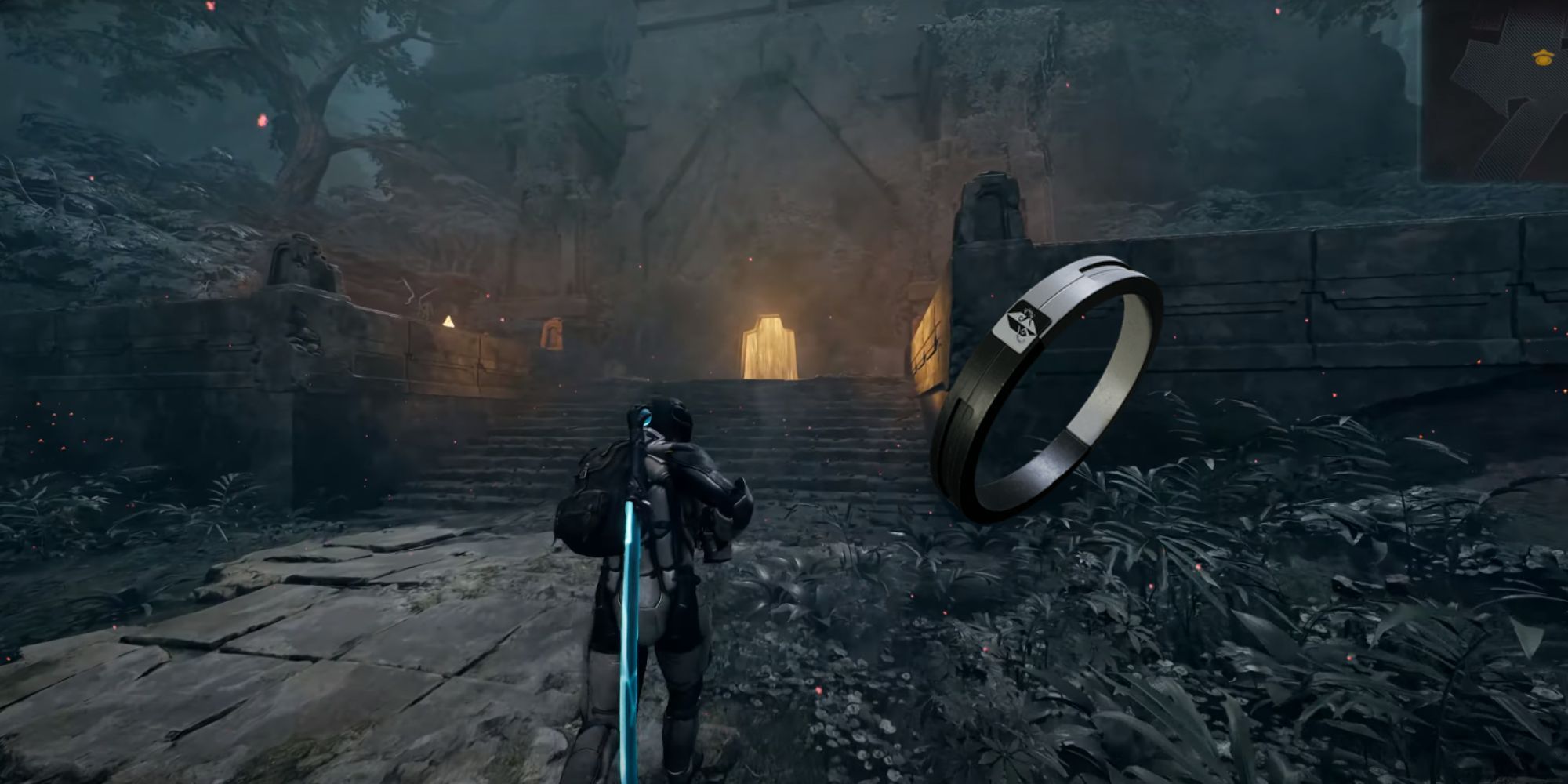 Humanoid with a long blue sword sprinting towards stone steps in Remnant 2.