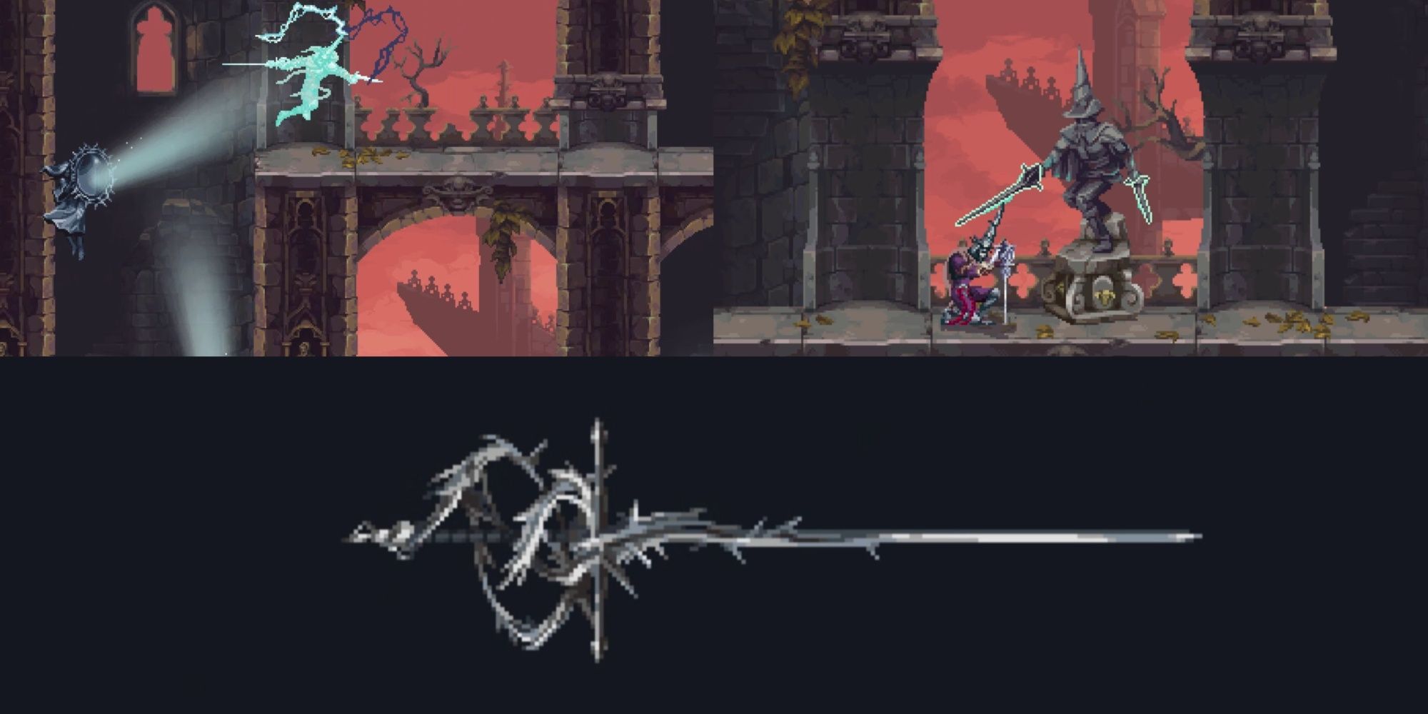A collage of images showcasing the Penitent One using and upgrading the Sarmiento & Cenelle Rapiers in Blasphemous 2