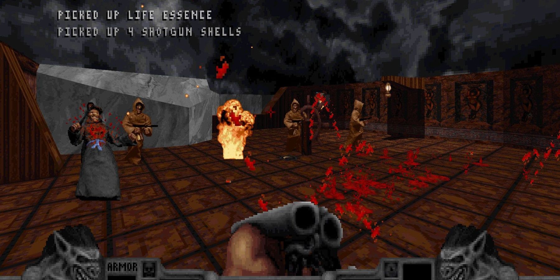 Blood 1997 player reloading a Shotgun surrounded by enemies, one of which is on fire