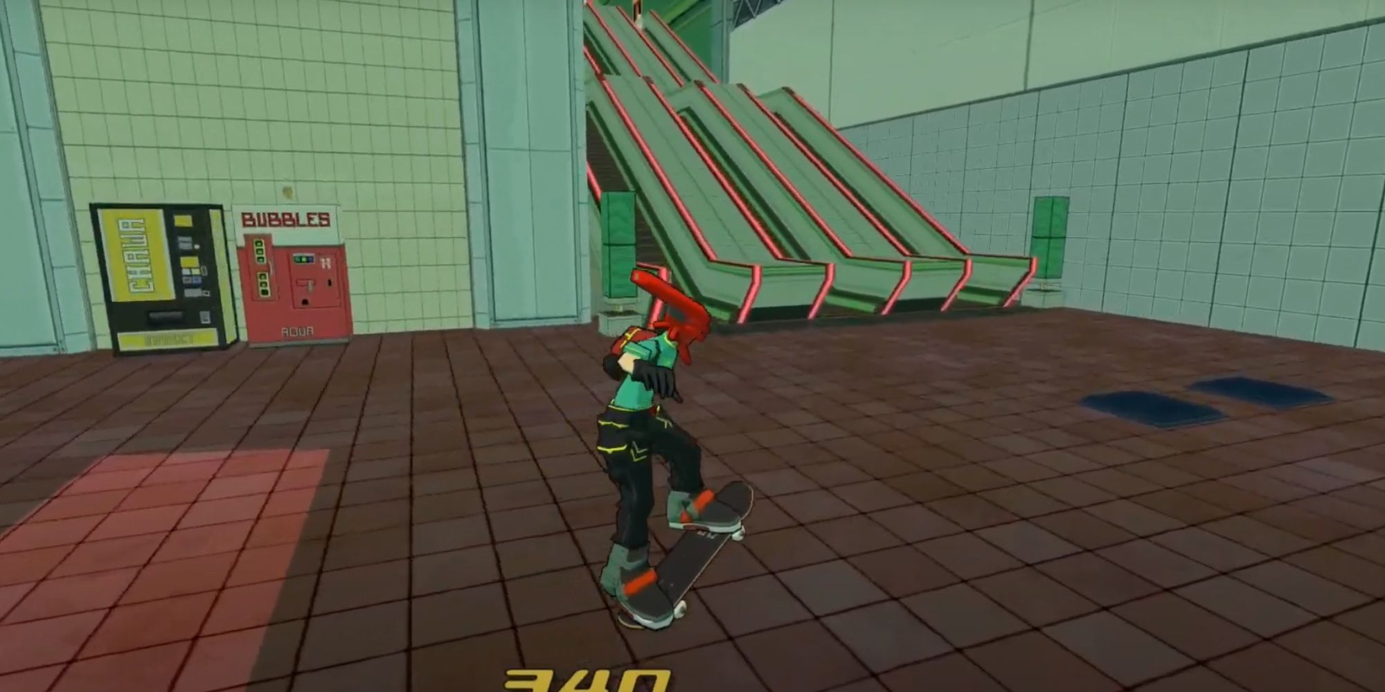 A player with red headgear does an ollie on a skateboard.