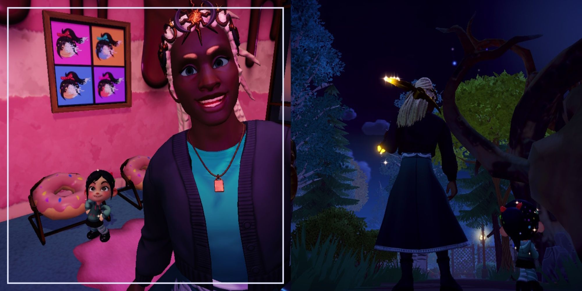 Split image featuring the player character and Vanellope in two locations in Disney Dreamlight Valley.