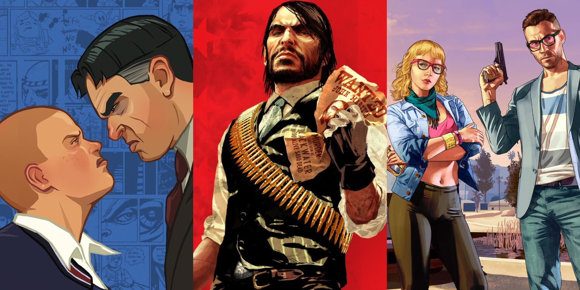 A collage showing the box art for Bully, and key art for Red Dead Redemption and GTA Online