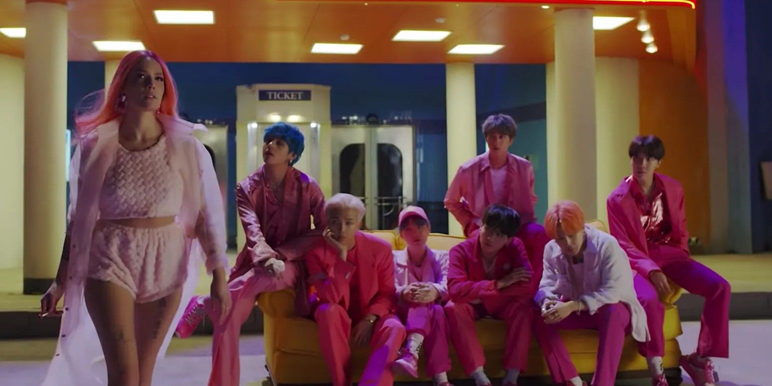 BTS and Halsey in their music video for Boy With Luv