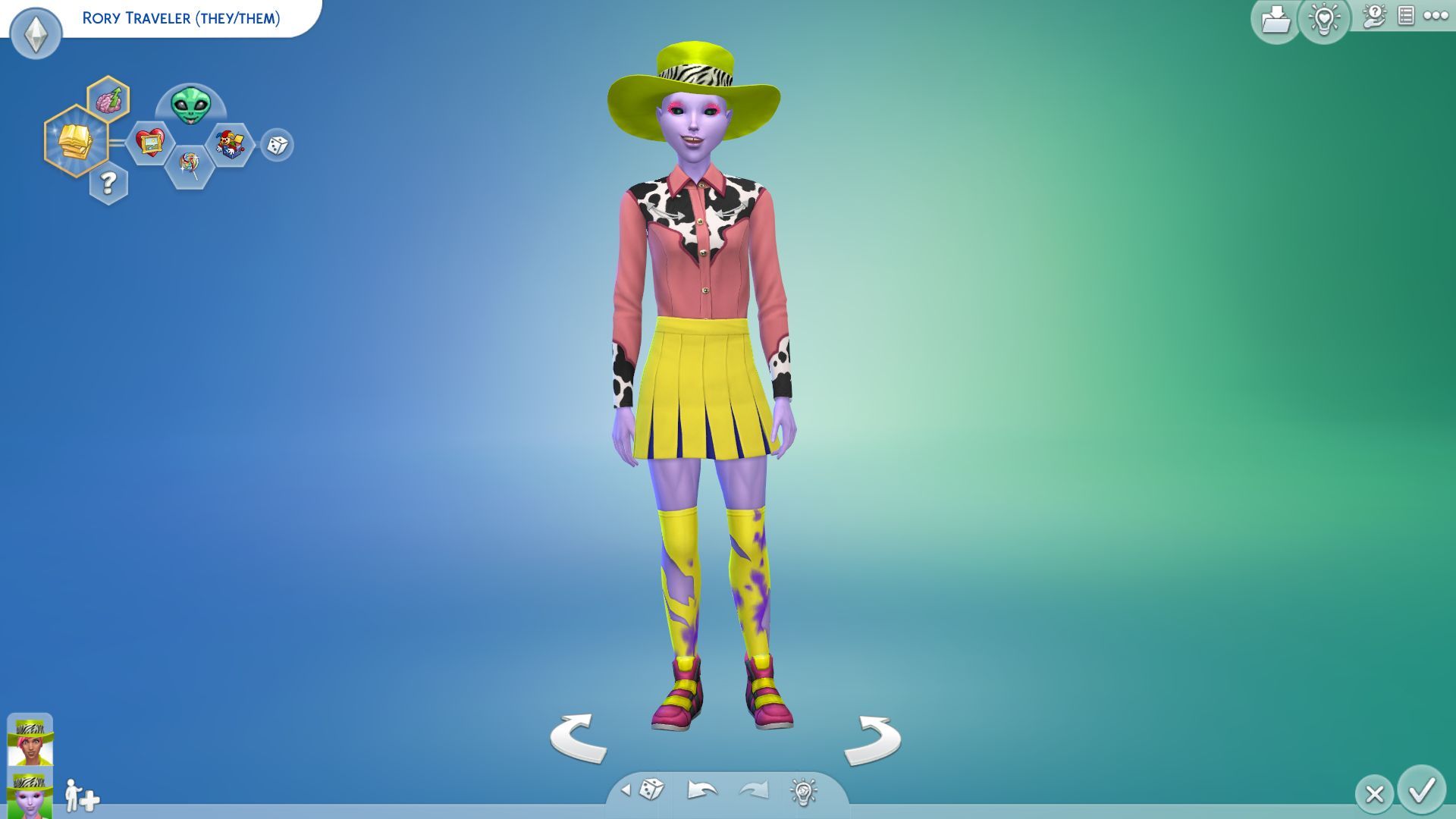 An image of a ... colourfully dressed alien from The Sims 4, wearing an outfit that includes a broad-brimmed hat with zebra stripes and a cowboy shirt with cow spots.