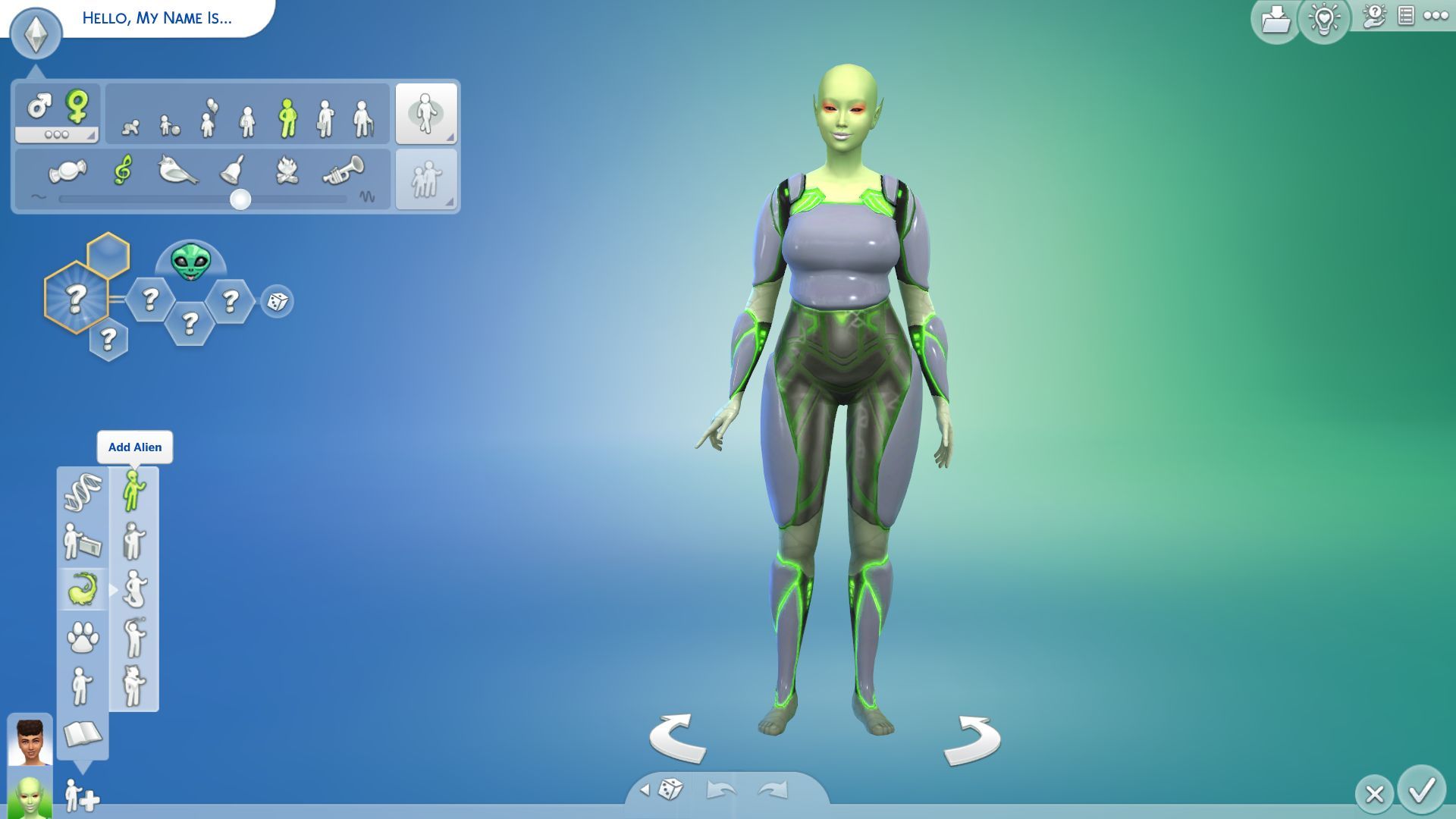 An image of a green-skinned alien in Create-A-Sim in The Sims 4.