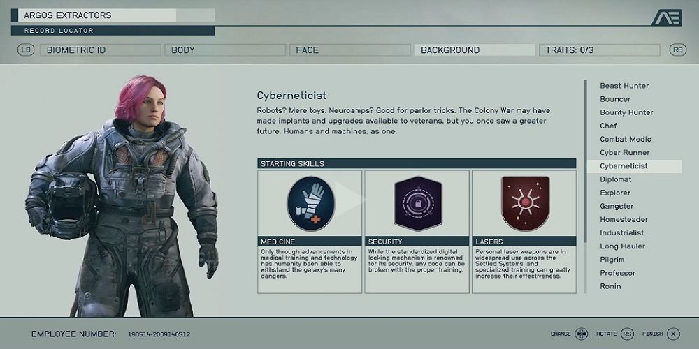 Character Creation Screen Cyberneticist Option in Starfield