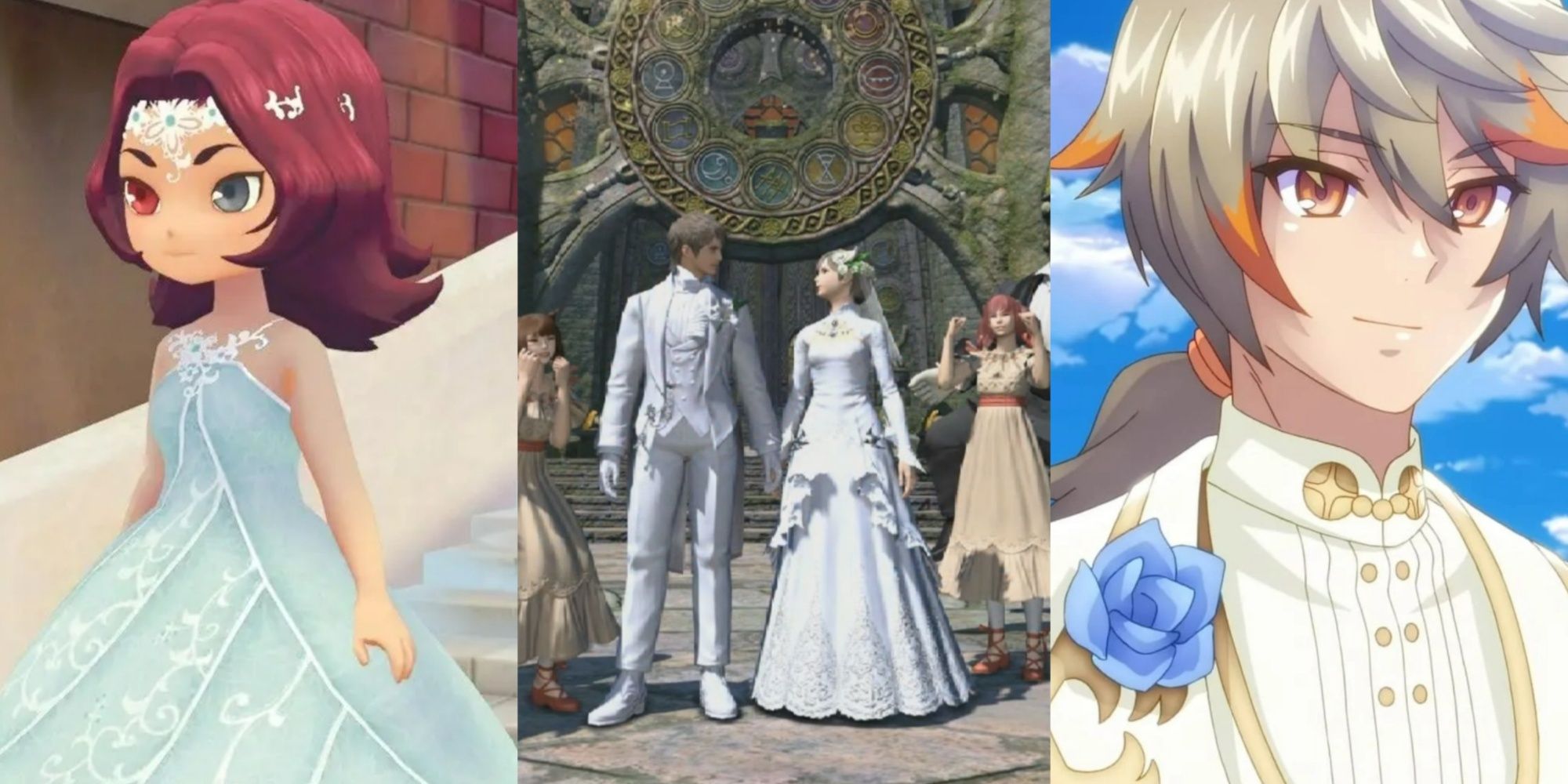 Characters from Story of Seasons, Final Fantasy 14, and Rune Factory 5 in their weddings