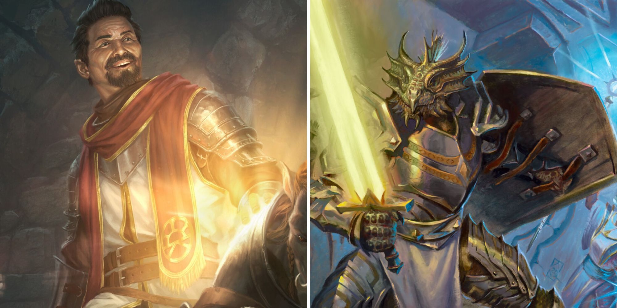 Immagine collage di luce dorata che brilla nella mano di un chierico umano e uno scudo con un drago e una radiosa spada magica in DND