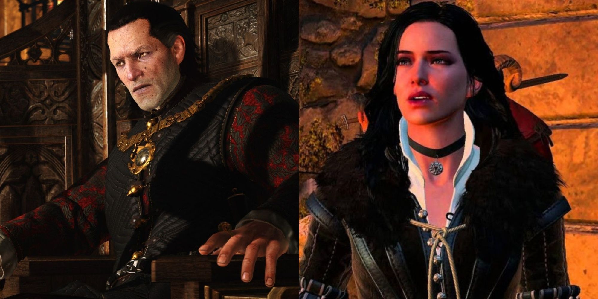 A split-image of Charles Dance's Emhyr var Emreis sitting on his throne and Denise Gough's Yennefer by a fire.