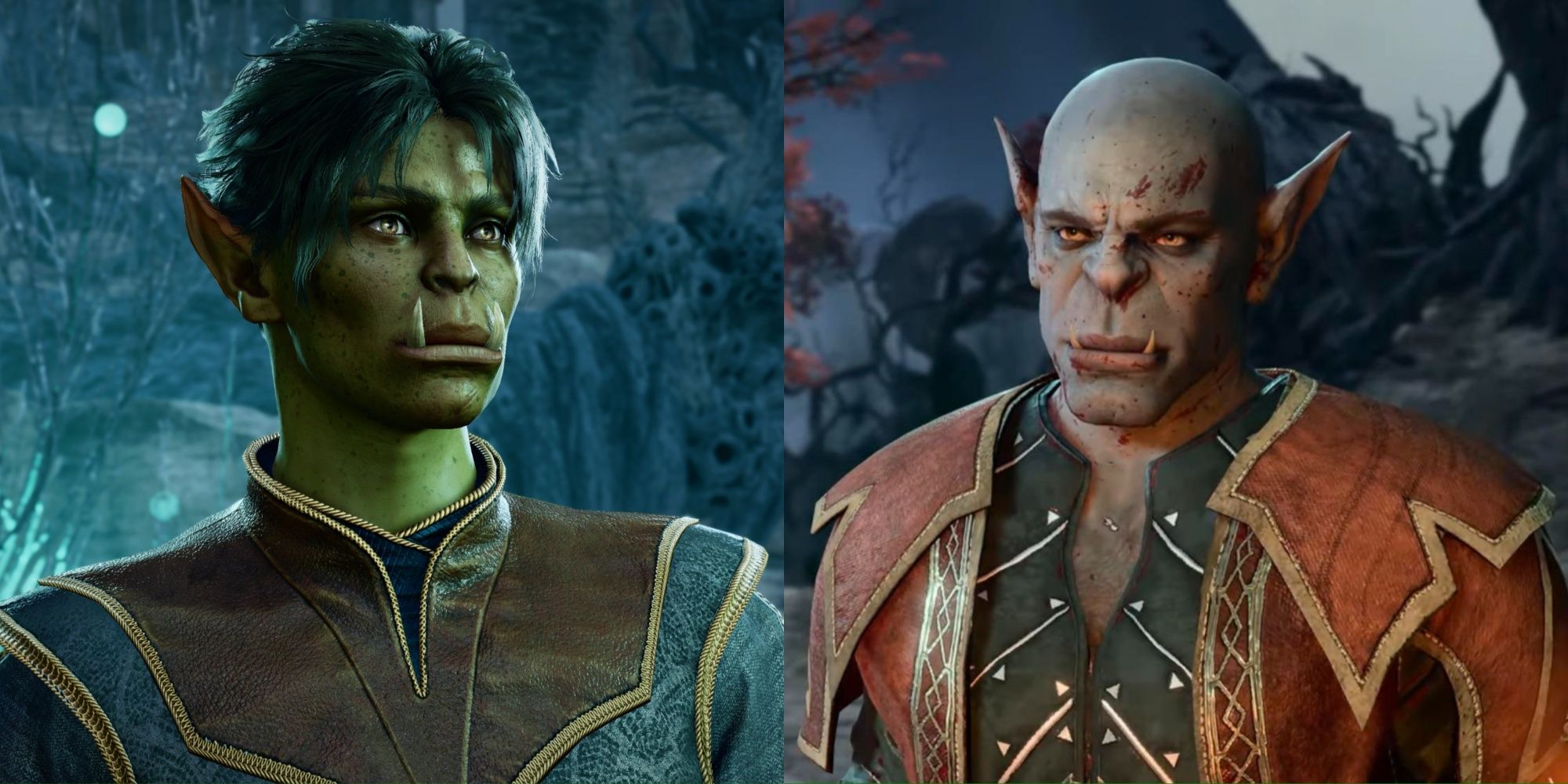 split image showing two half orcs in baldur's gate 3