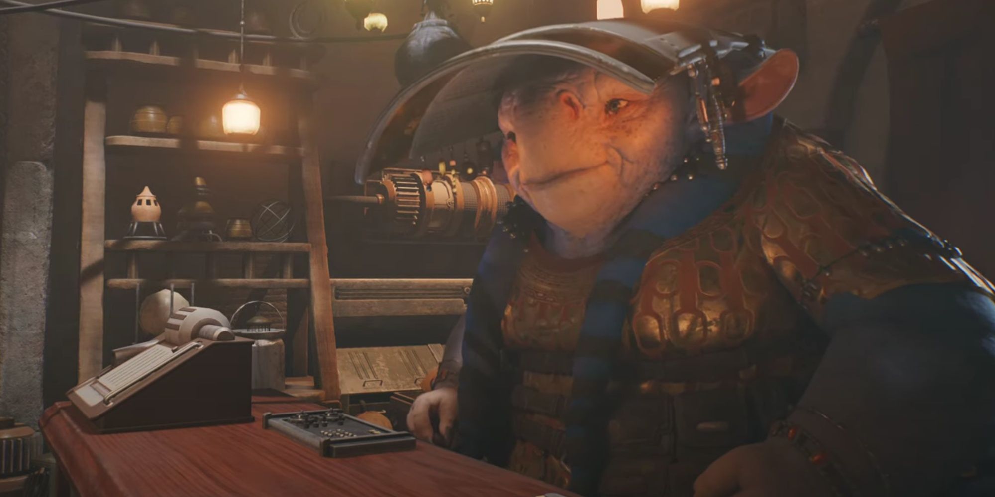 Doma Dendra sitting behind her desk and speaking to Cal in her shop with a lamp lit on in Star Wars Jedi: Survivor.