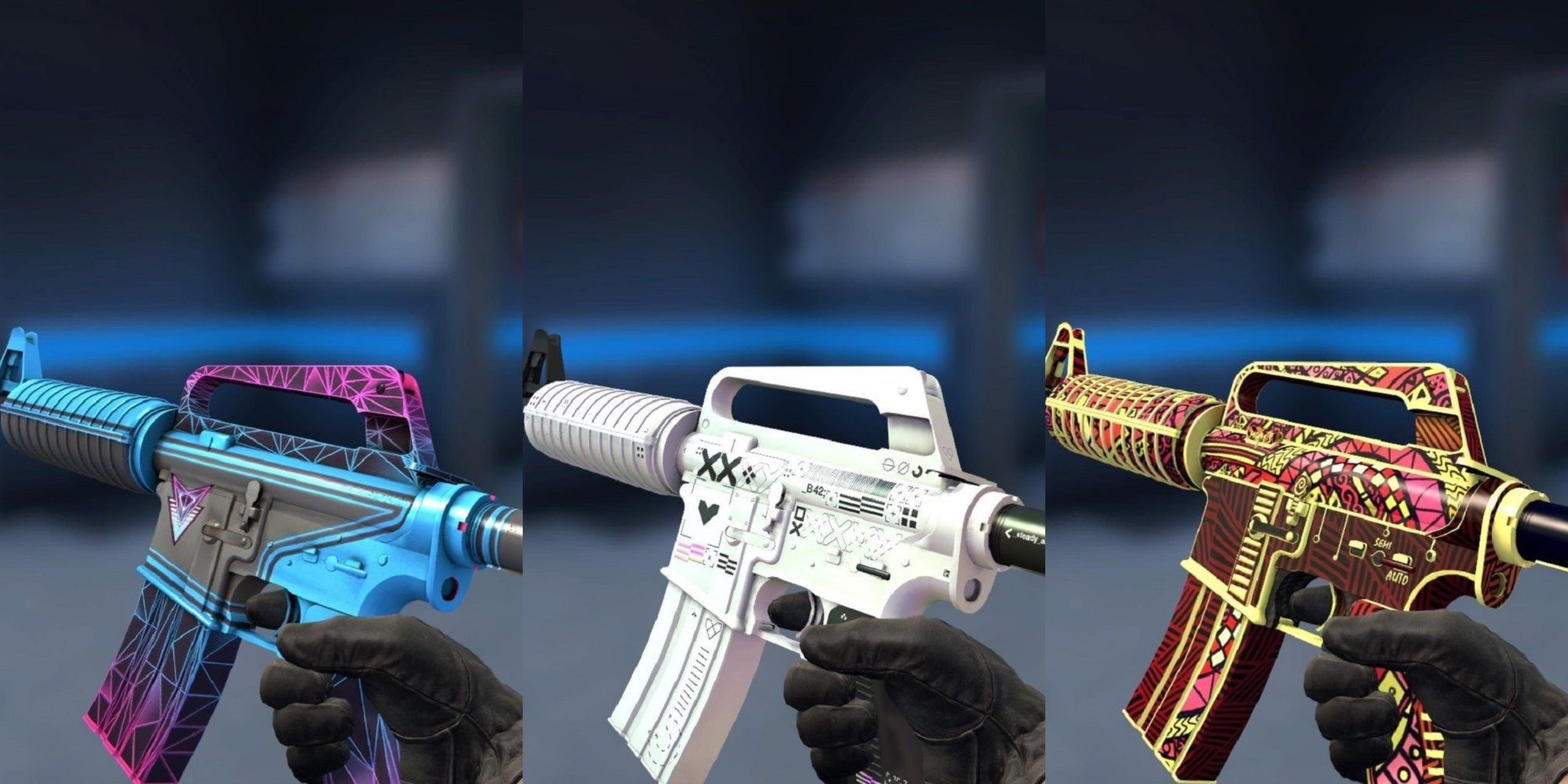 Split image of three different weapon skins on the M4A1-S rifle