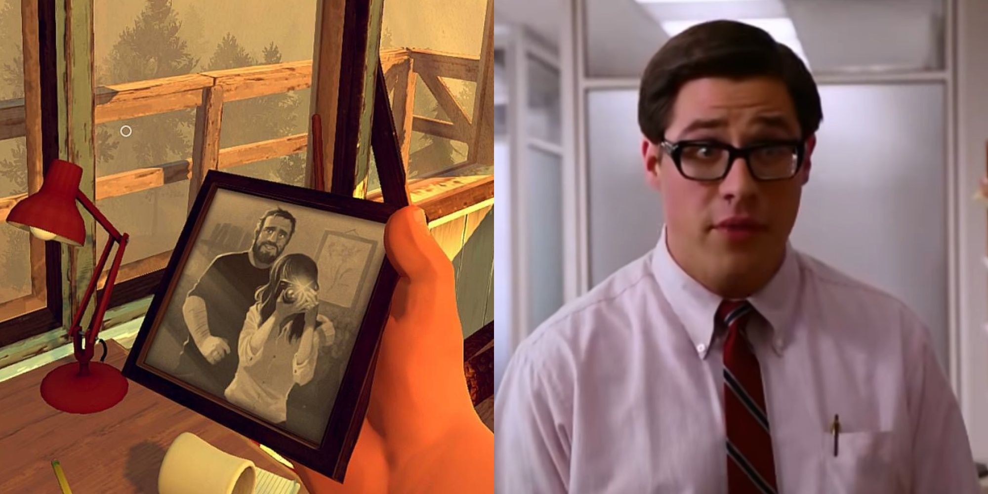 A split-image of Henry holding a framed picture of himself and a woman taking the photo, and actor Rich Sommer as Harry in Mad Men.