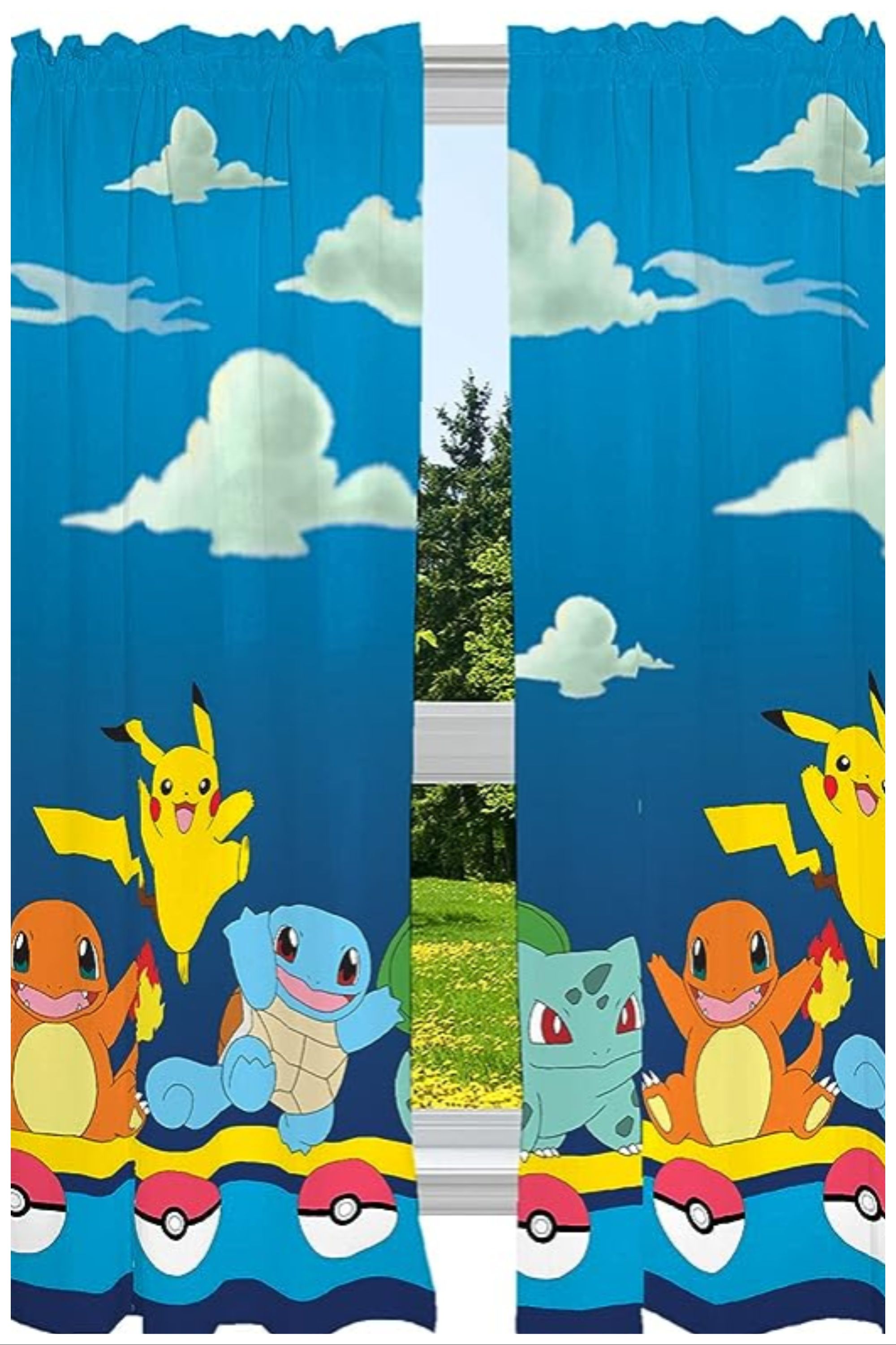 Pokemon curtain featuring Pikachu and Kanto starter