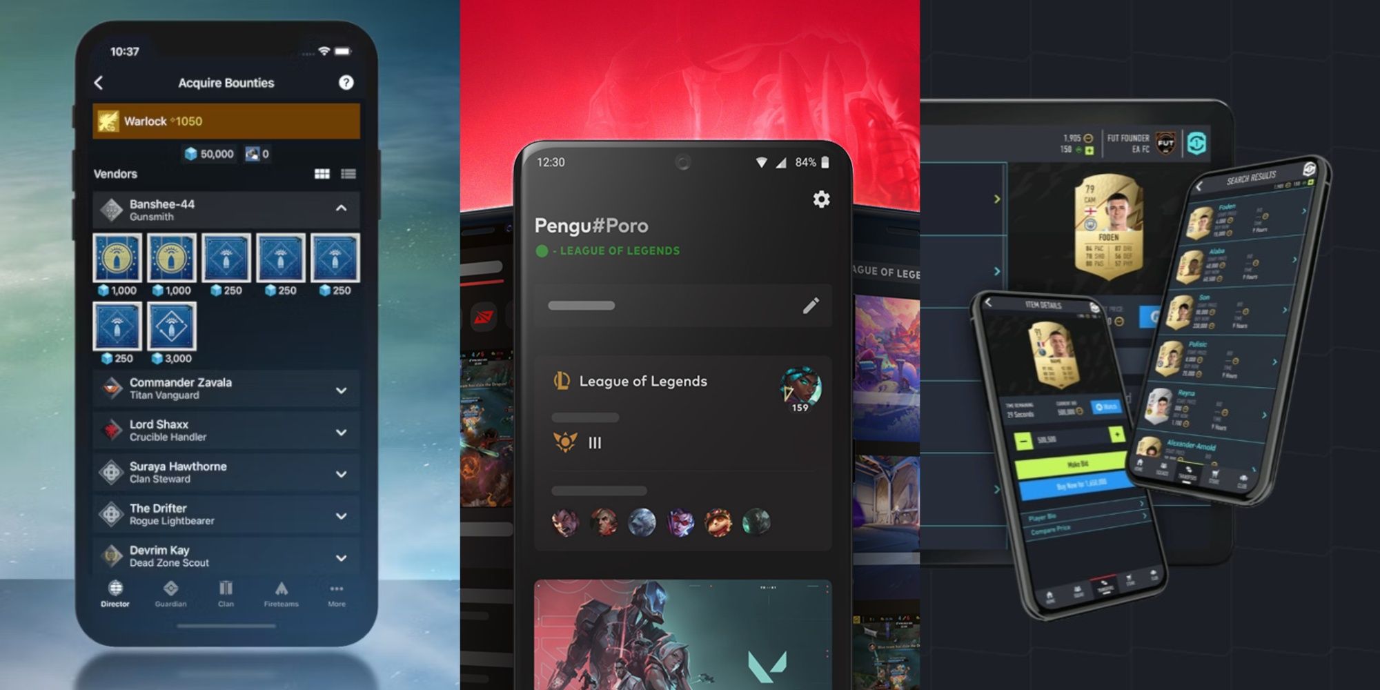 split image showing phones displaying menus of video game companion apps