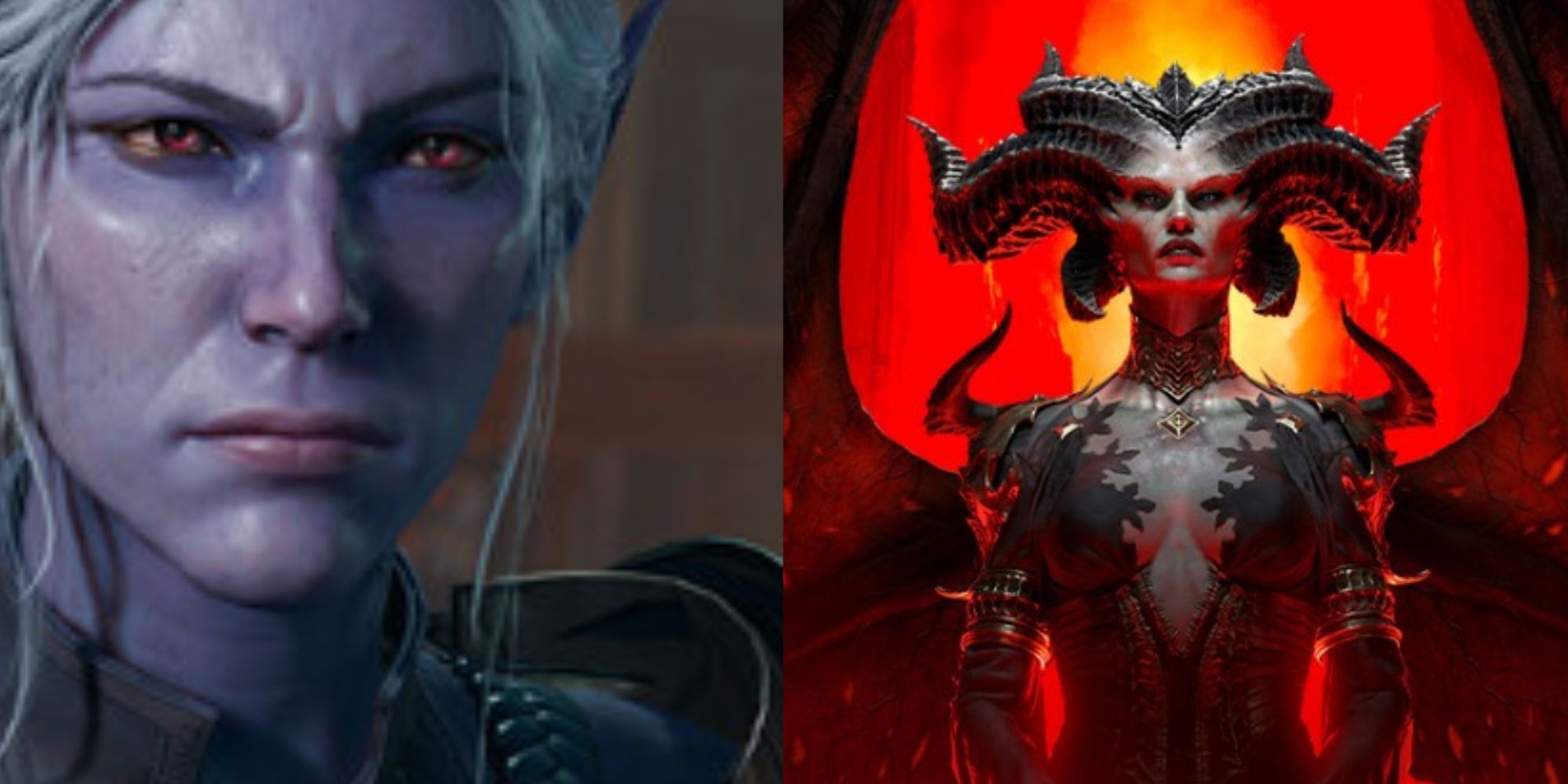 Collage der weiblichen Drow-Figur von Diablo 4s Lilith und Baldur's Gate 3