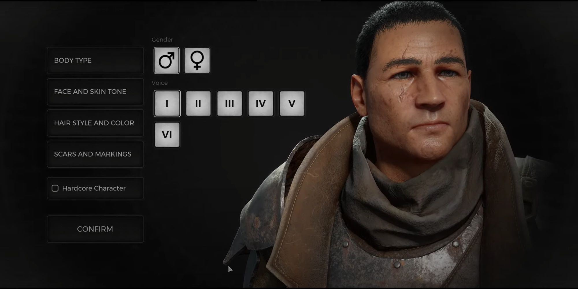 The start of Remnant 2's male character creator, with the gender displayed and options for different voices.