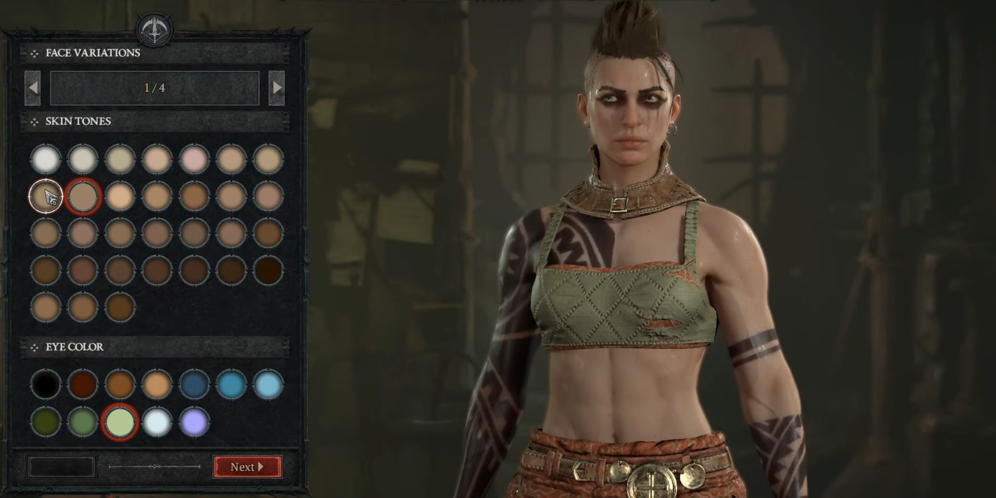 Choosing the skin color variants for a female character in Diablo 4's character creation menu.