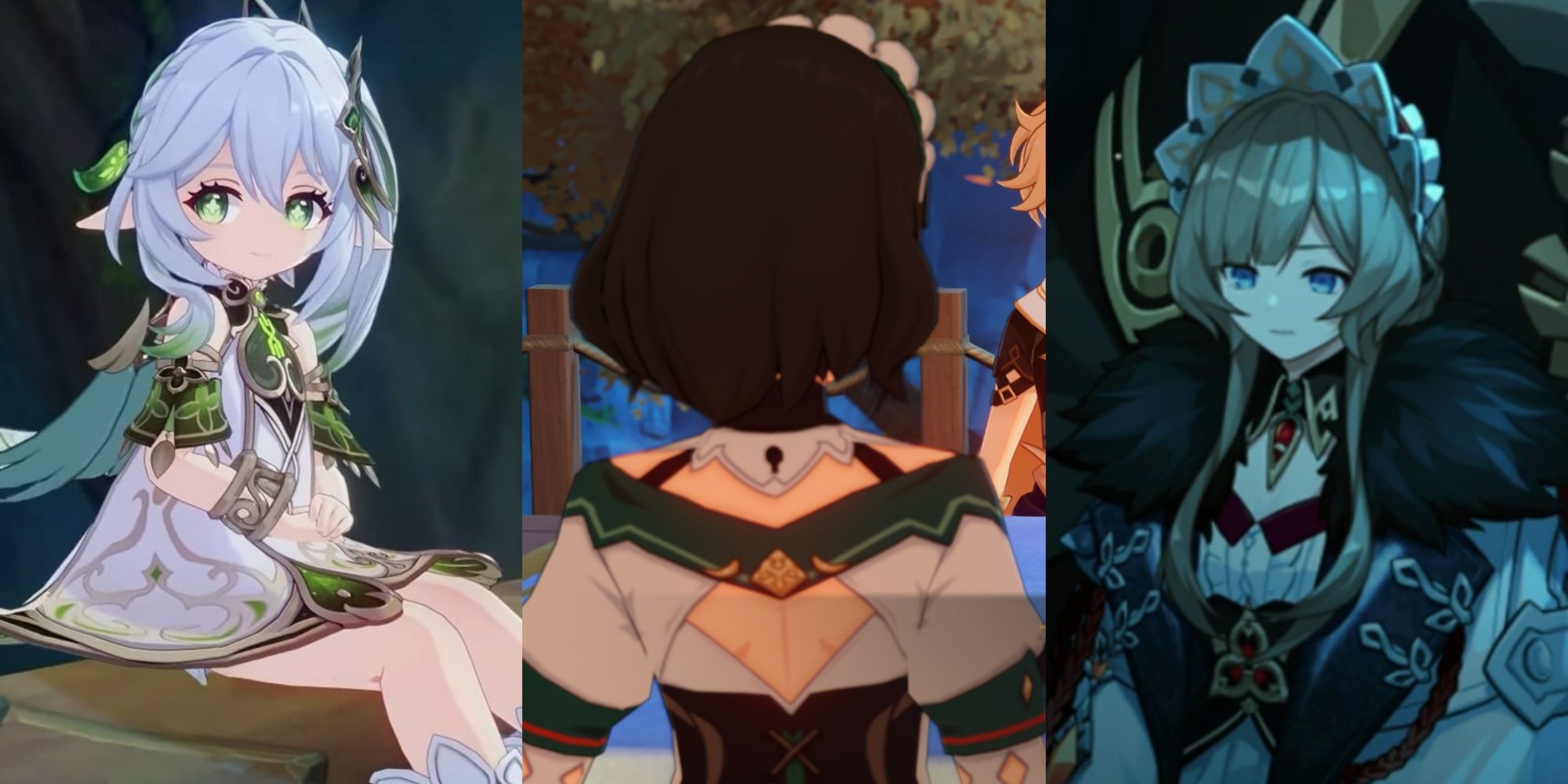 Nahida and Sandrone sitting in the left and right images, Katheryne's back to the viewer showing a keyhole in the middle image