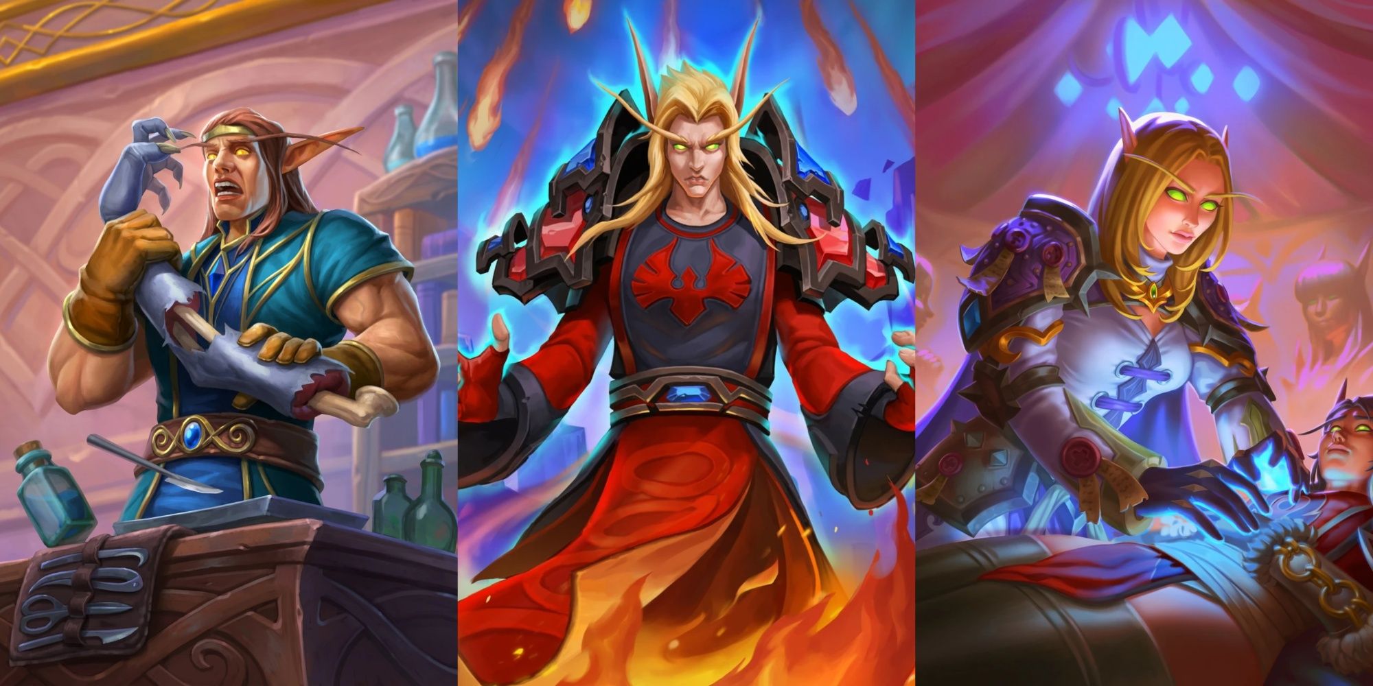 Collage Image of the Coroner, Astalor, the Flamebringer, and Sunfury Clergy card artwork in Hearthstone.