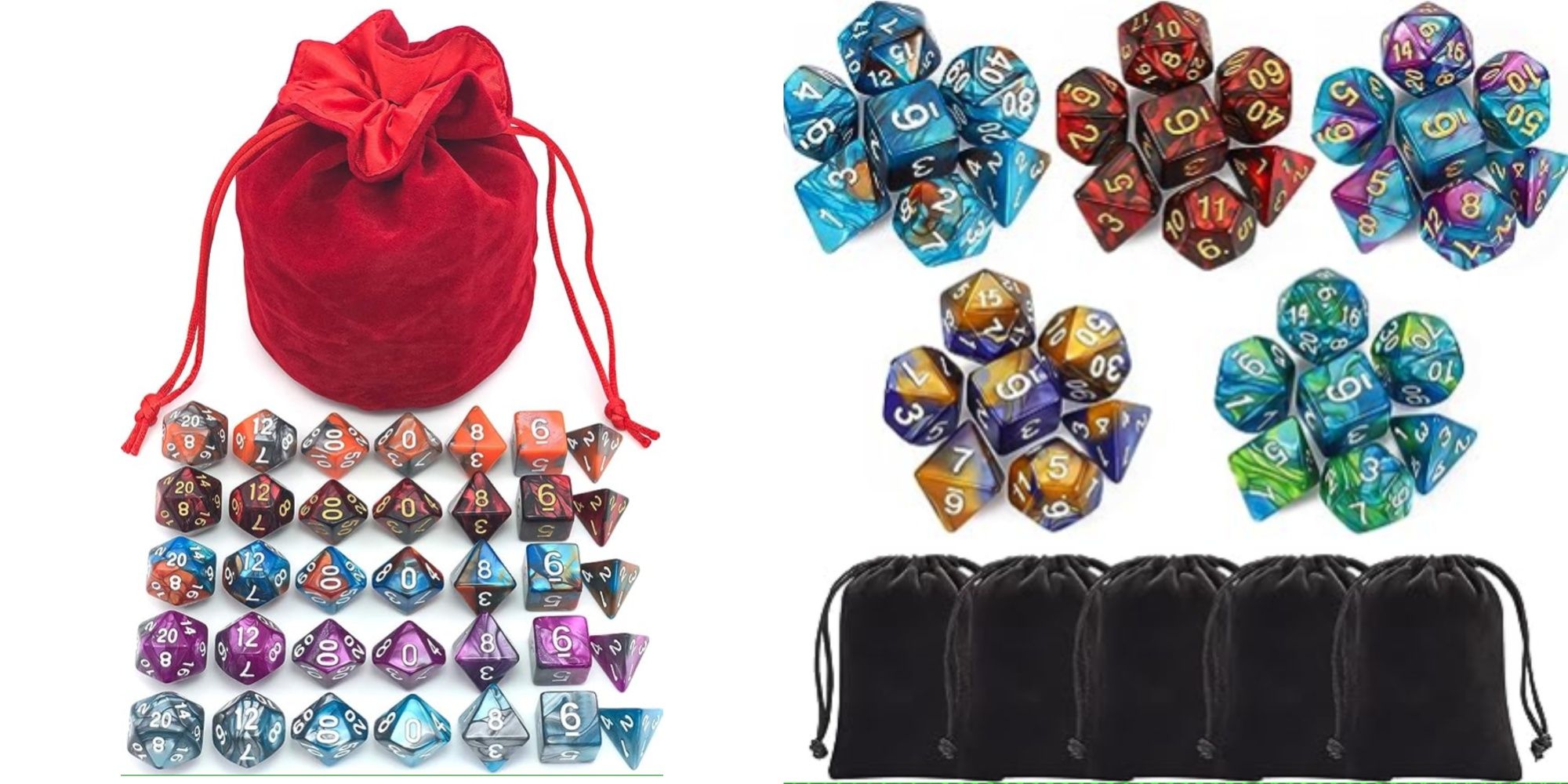 Dnd dice sets and dice bags side by side 