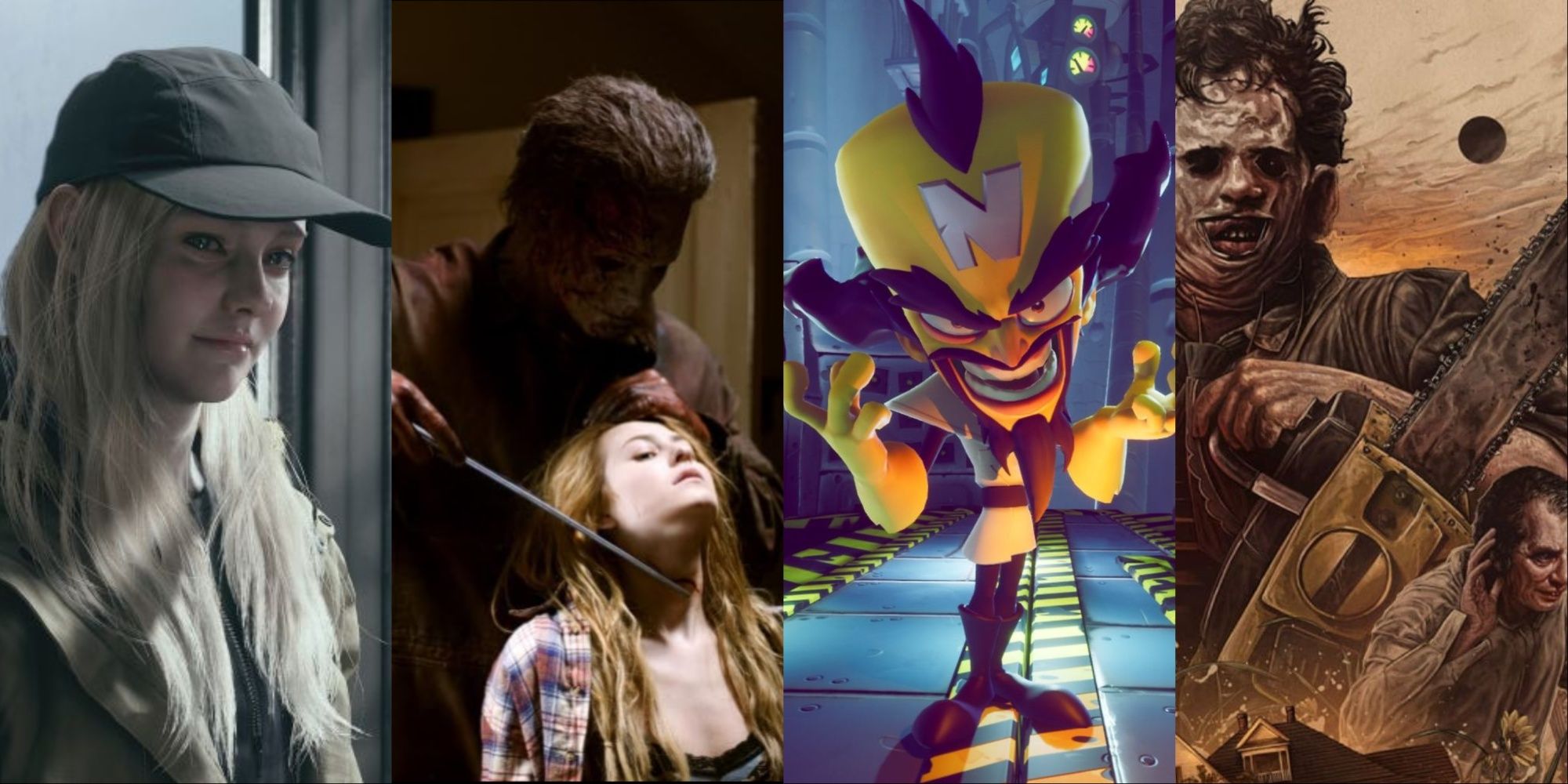 A four-image collage of Rose from RE Village, actress Scout Taylor-Compton held at knife point by Michael Myers, Lex Lang's Dr. Neo Cortex from Crash Bandicoot 4, and the cover art of the game with Leatherface and Cook.