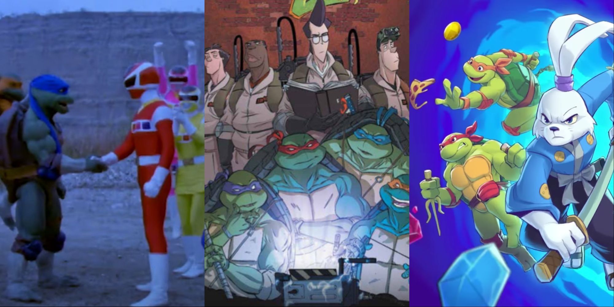 Collage of Leo and the Red Ranger shaking hands, the cover of an issue of Ghostbusters and TMNT, and the character Miyamoto Usagi in the DLC promo art for Shredder's Revenge.