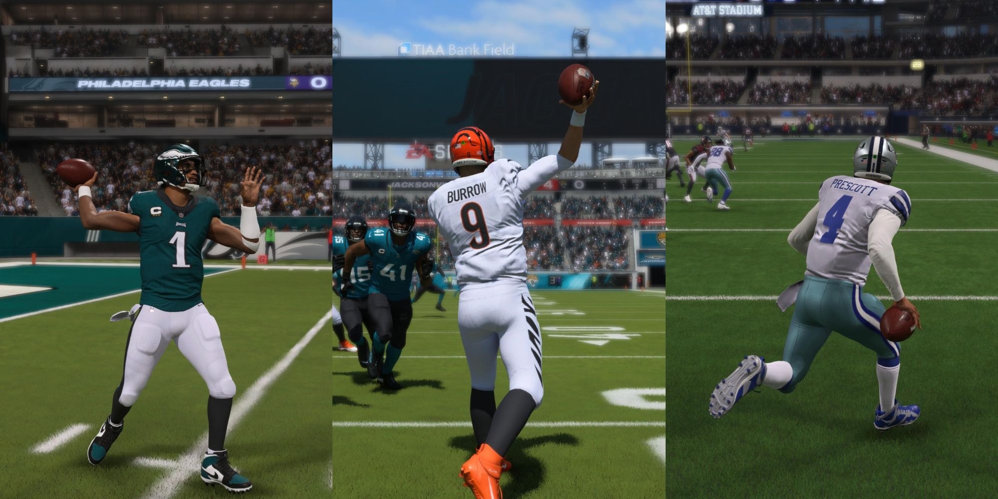 split images of players on the field in Madden 24