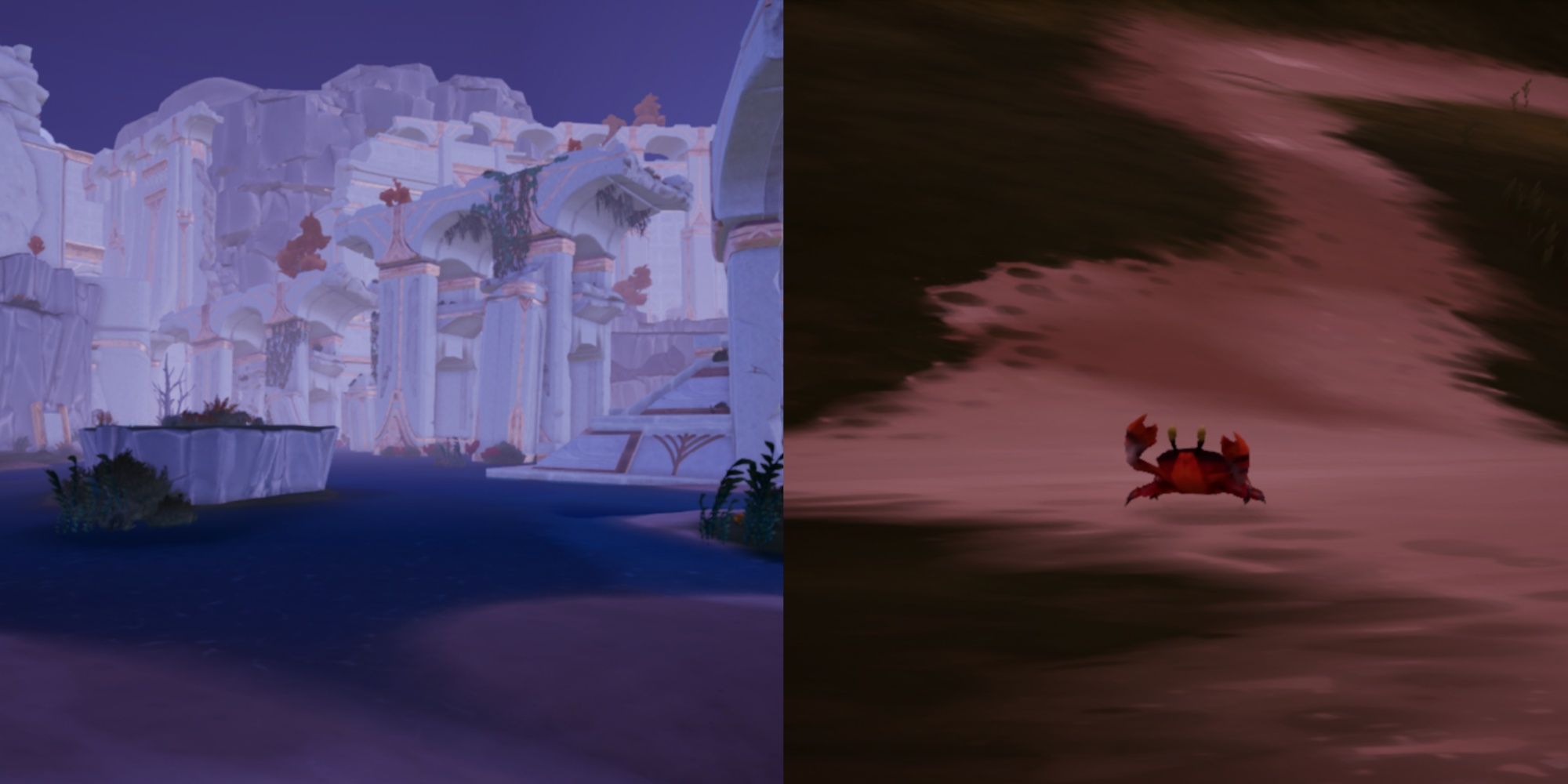 Split image of the Flooded Fortress and a Vampire Crab in Palia.