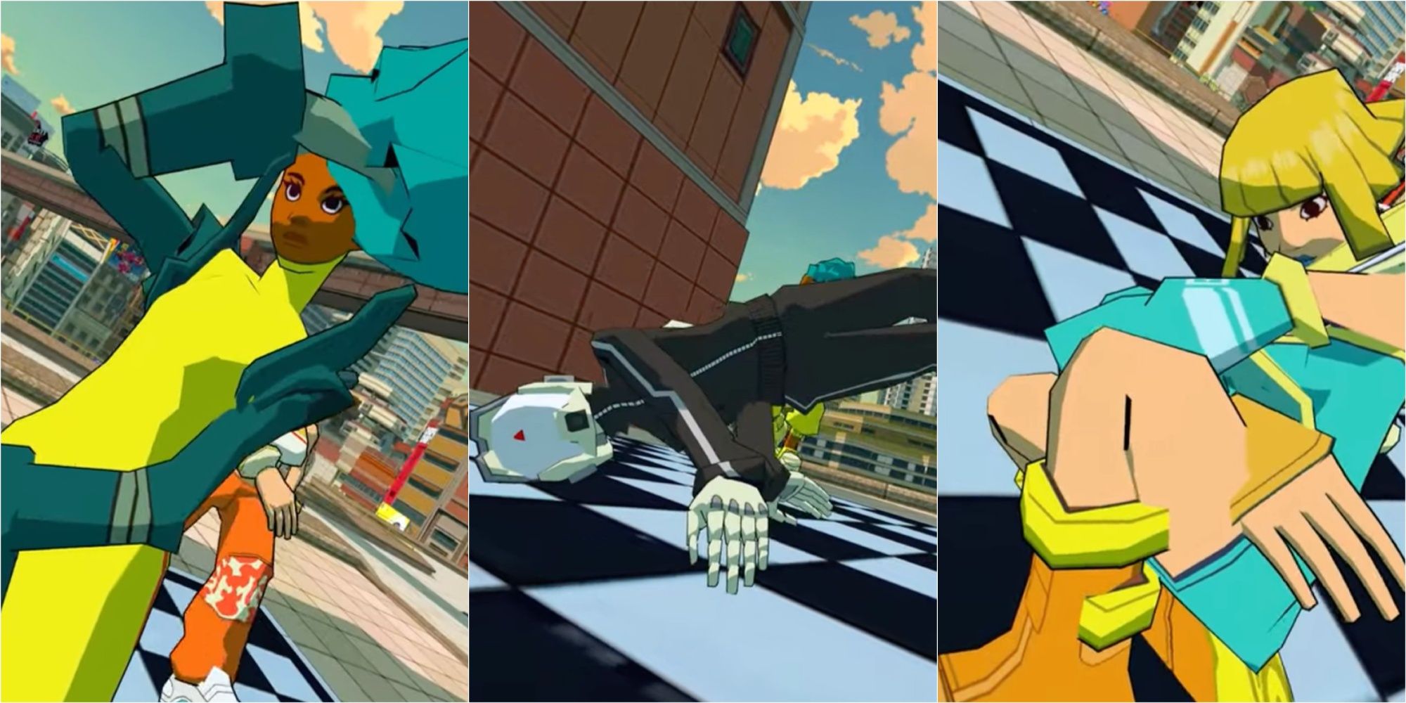 Collage image of Vinyl, DOT EXE, and Bel in Bomb Rush Cyberfunk.