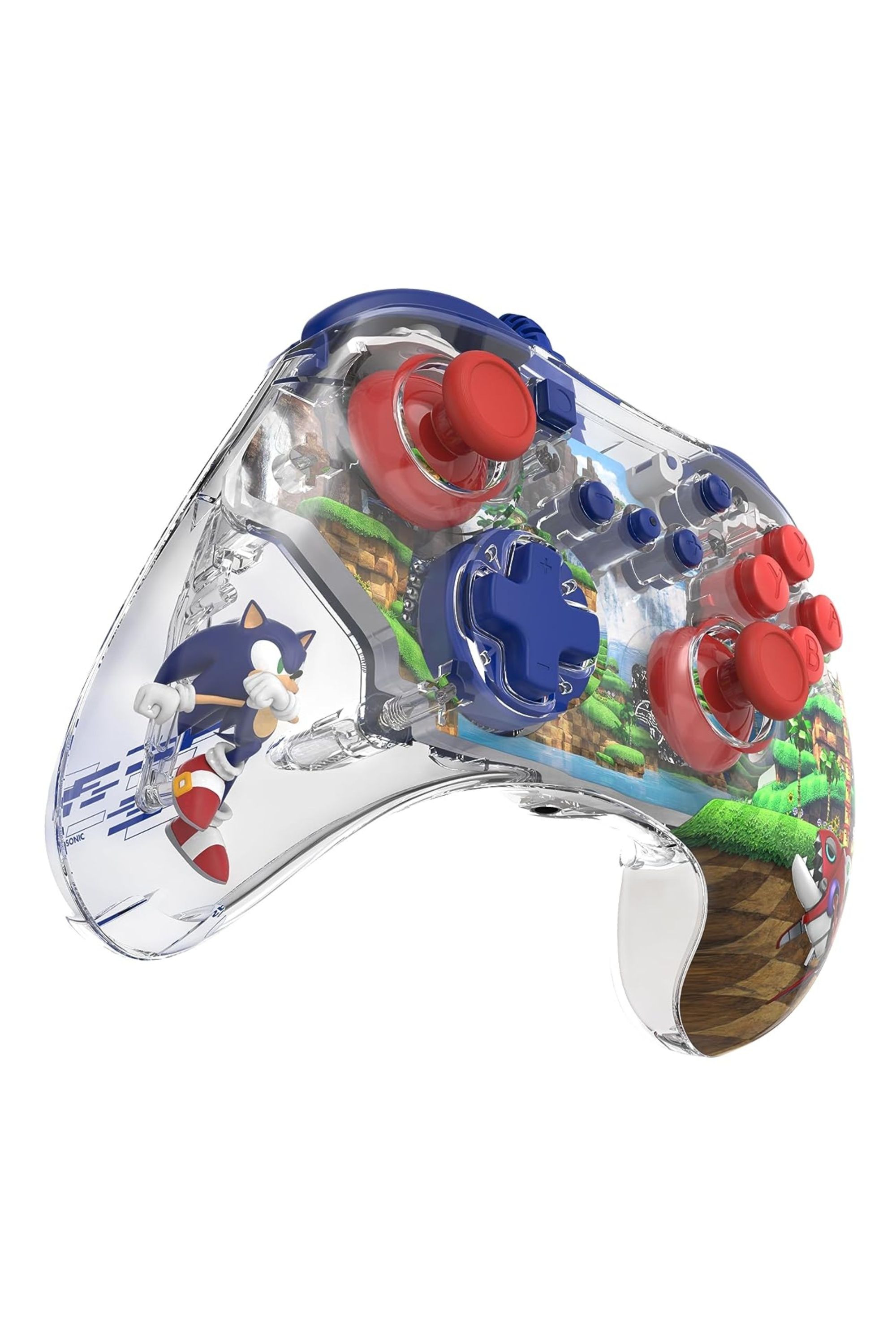 PDP REALMz Switch and Xbox controllers with 3D Sonic figure