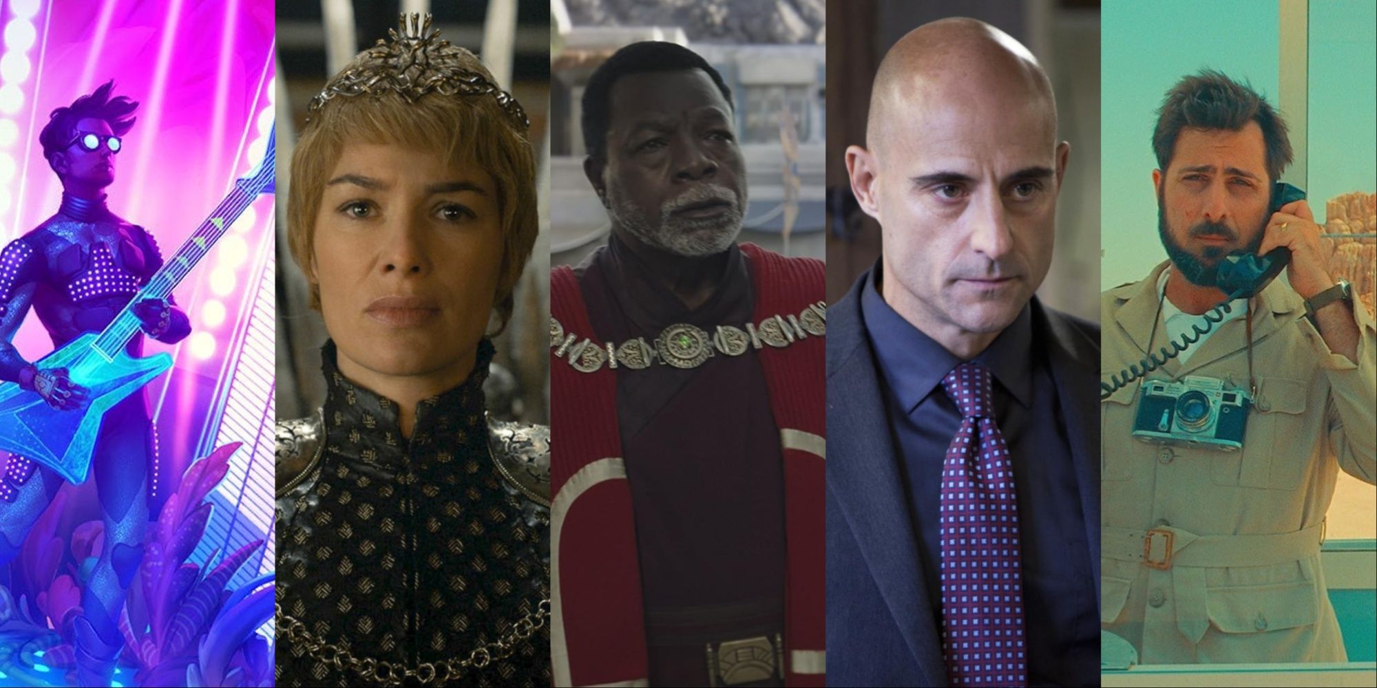 Five-image collage of the main character on the cover art of The Artful Escape, Lena Headey as Cersei in Game of Thrones, Carl Weathers in The Mandalorian, Mark Strong, and Jason Shwartzman in Asteroid City.