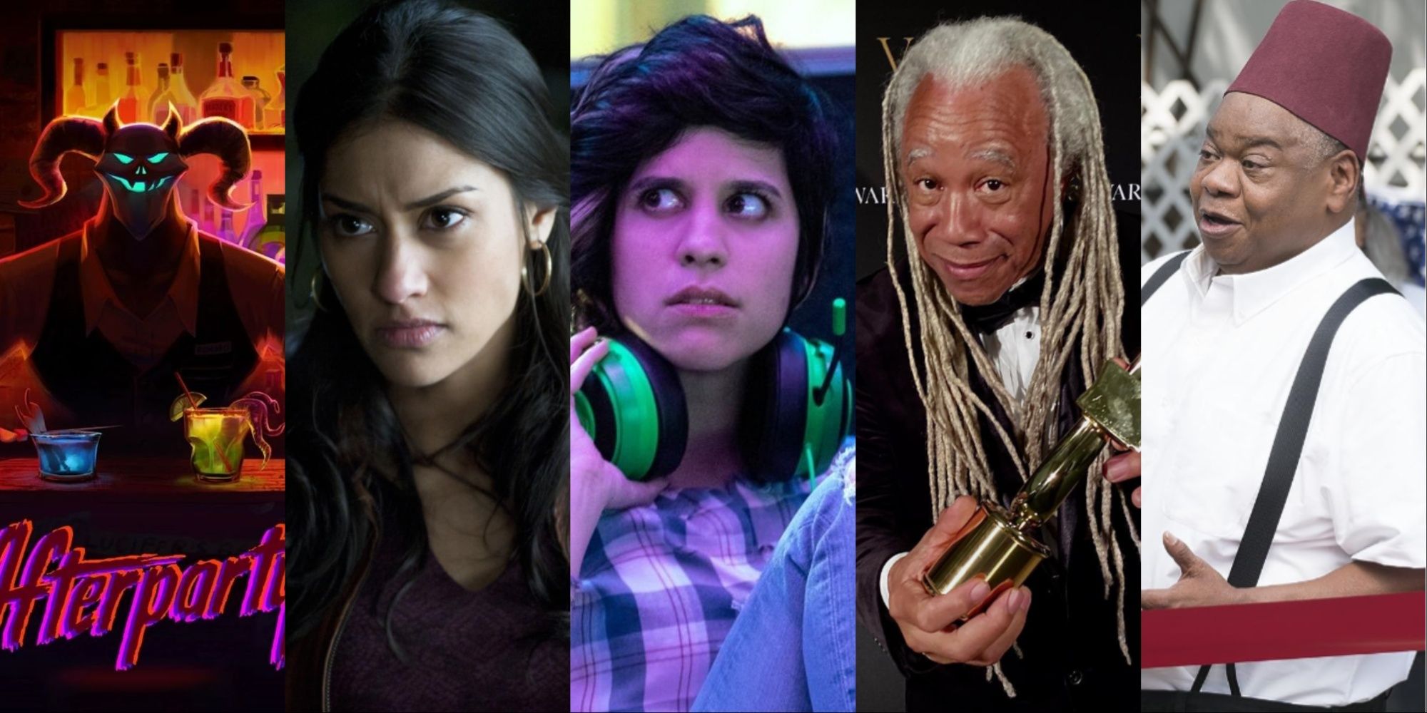 A five-image collage of the poster for Afterparty, Janina Gavankar in True Blood, Ashly Burch wearing a gaming headset, Dave Fennoy with an award, and Paul Bates in Modern Family.