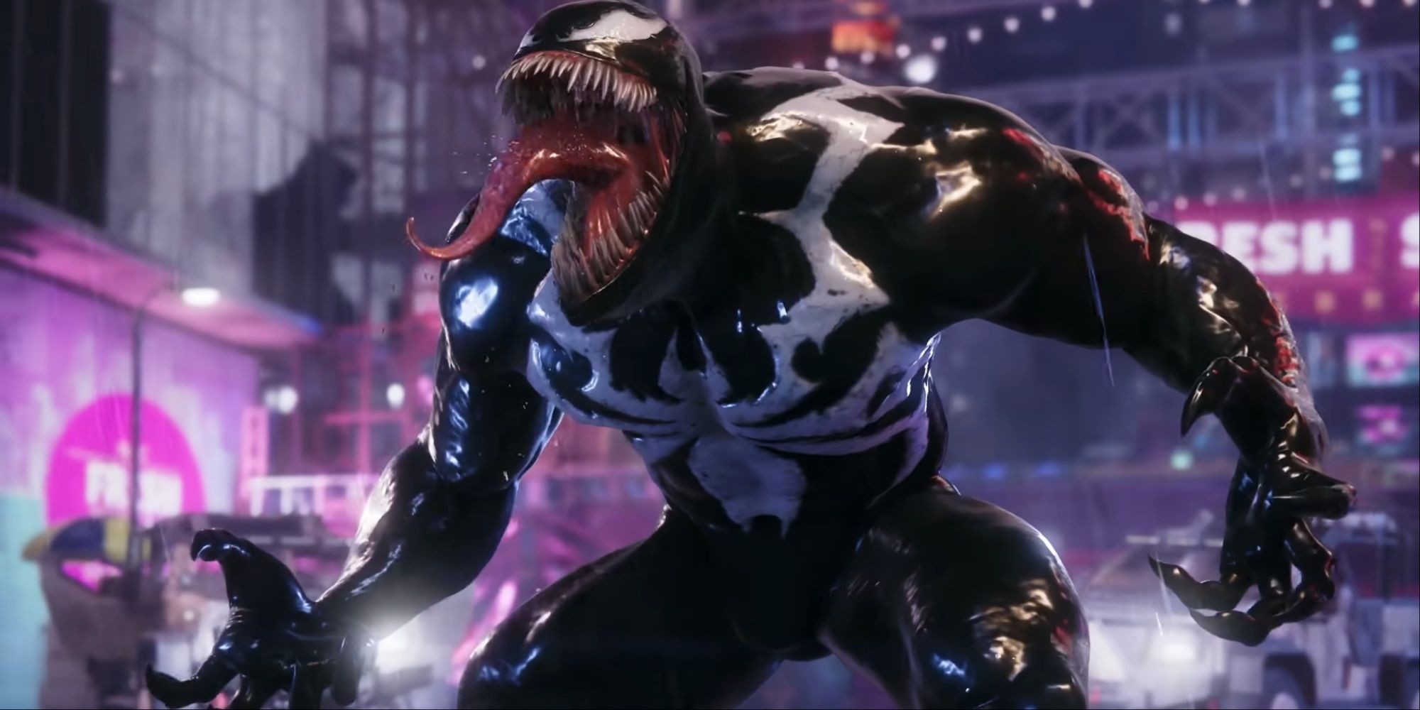 Venom with mouth wide-open and claws clenched as he roars at the end of the trailer for Spider-Man 2.