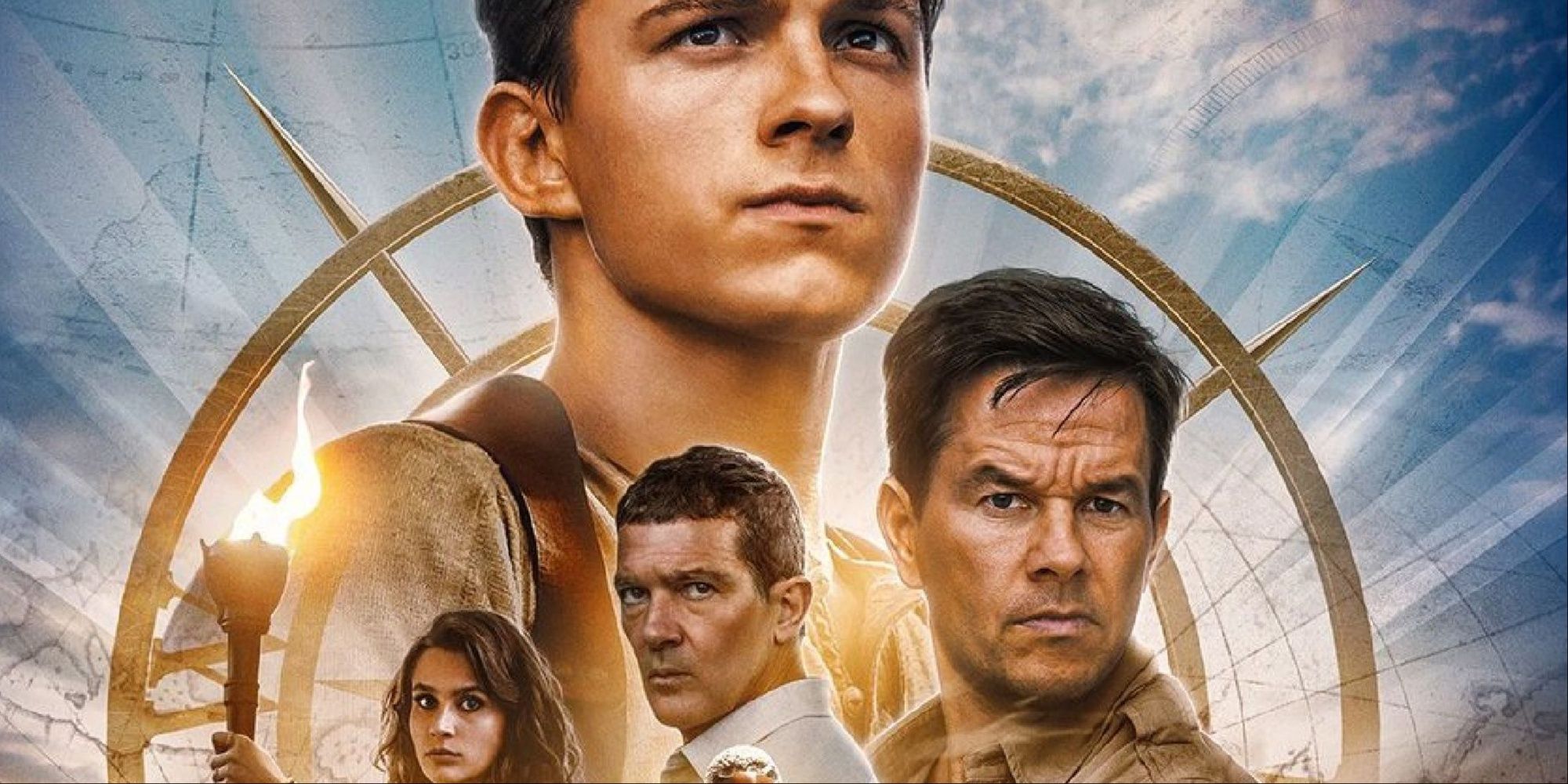 The movie poster for the Uncharted movie with Tom Holland's Nate, Wahlberg's sully, Antonio Banderas, and Sophia Ali's Chloe Frazer.