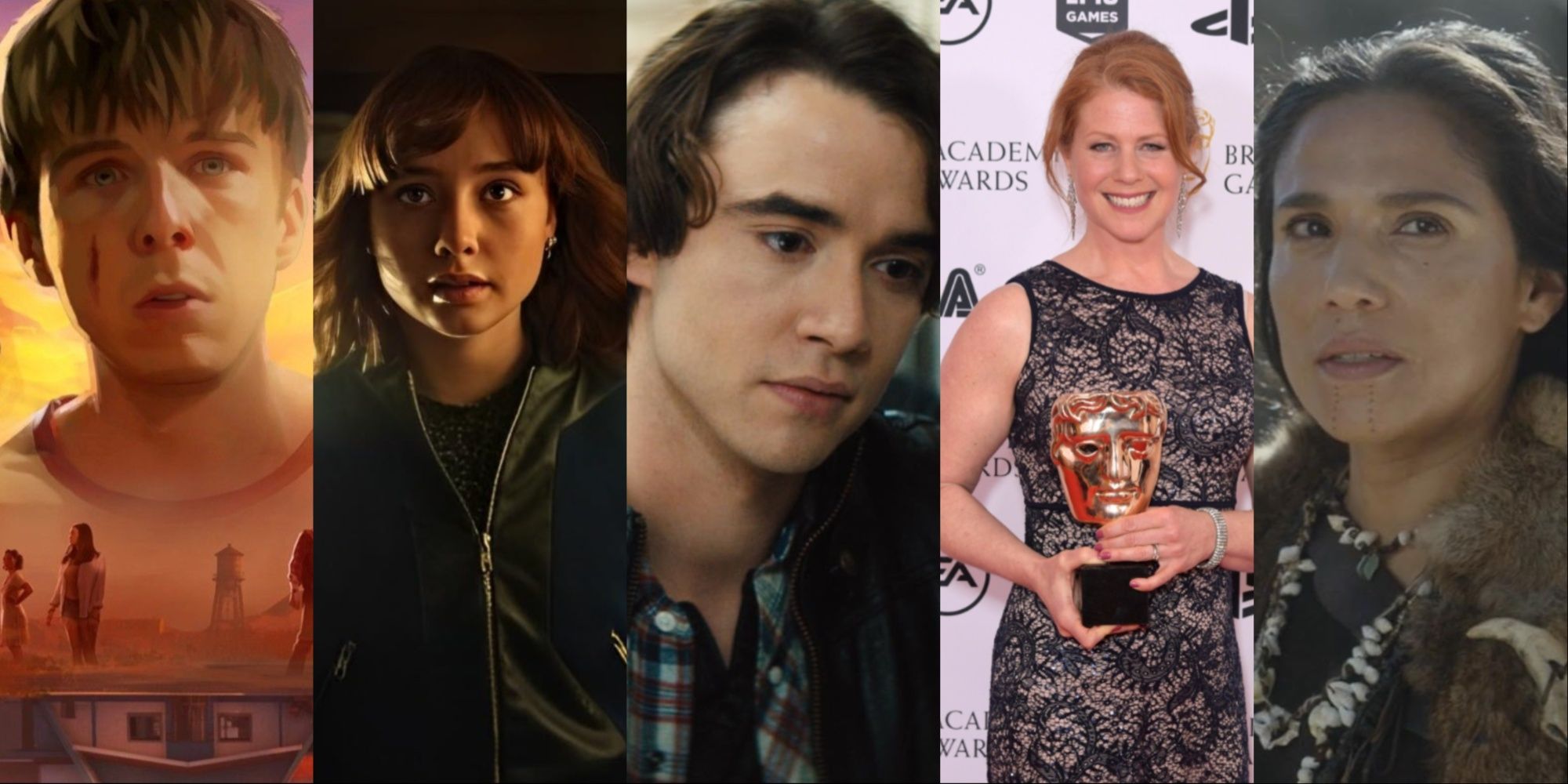 A five-image collage of the characters of As Dusk Falls on the cover art, Ruby Stokes in Lockwood & Co., Jaimie Blackley as Adam in If I Stay, Jane Perry with her Bafta, and Tonantzin Carmelo in La Brea as Paara.